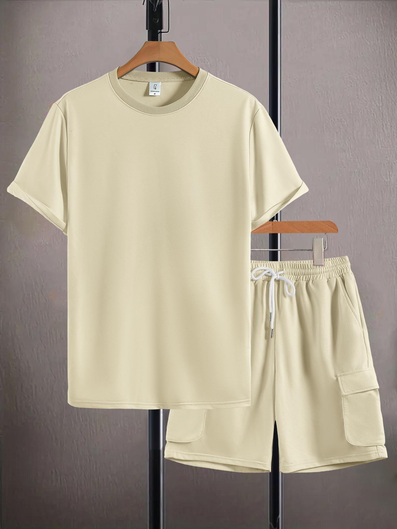 Men's Solid Color Tee & Drawstring Waist Shorts Loungewear, Casual Comfy Round Neck T-shirt & Pocket Shorts Pj Set, Men's Sleepwear for Summer, Pajama Set