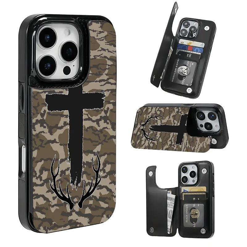 Camo Cross Antler Card Holder Shell Phone Case, This phone case features a card slot function, can store bank cards, transit cards and other cards, suitable for iPhone 17/16/15/14/13/12, and makes a great gift for girls.