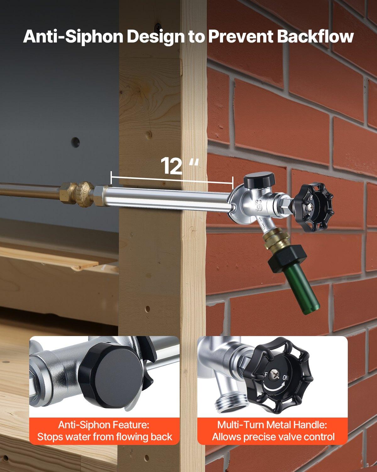 VEVOR 12-Inch Frost-Free Sillcock, 1/2" PTC x 3/4" MHT Hose Bibb, Anti-Siphon Lead-Free Brass Valve, Push-to-Connect Brass Plumbing Fitting, Compatible with PEX, Copper, CPVC Pipes