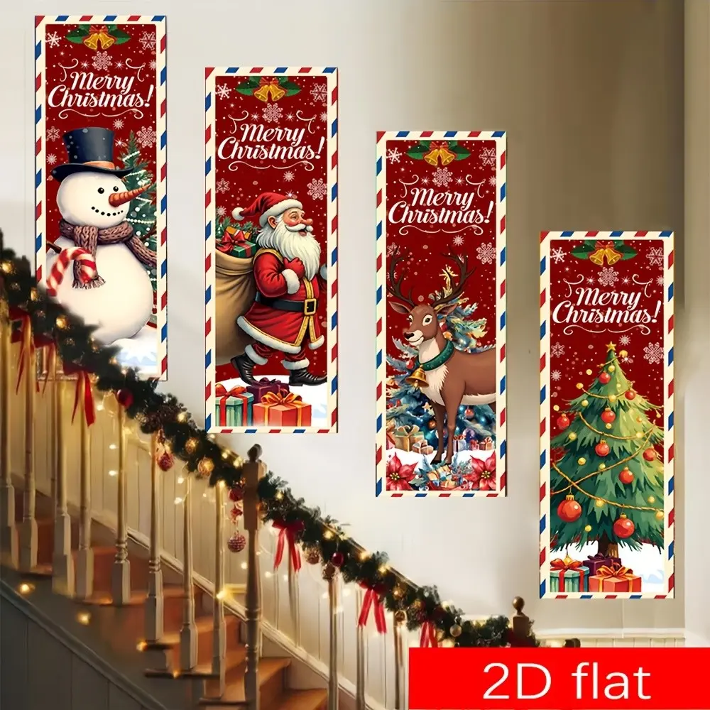 4 Piece Polyester Christmas Party Banners, with Classic Elements, Ideal for Church and Home Wall Decor, Sij-005 Model