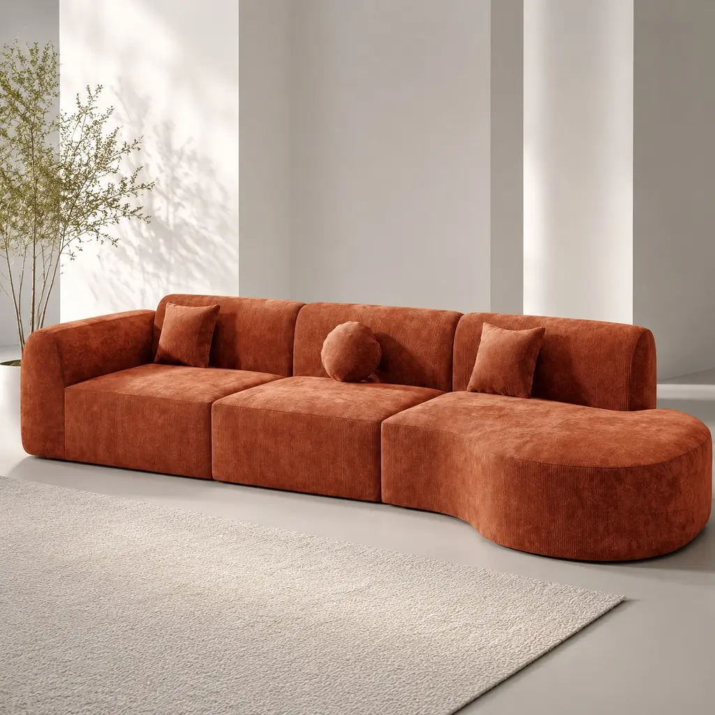 ARCH Furniture 140" Modern Curved Right-Hand Facing 3-Piece Fabric Upholstered Sofa Sectional Couch, High-Density Compressed Sponge, Comfy Couch, Fully Assembled Chaise Lounge, Living Room Decor, Available in Multiple Colors