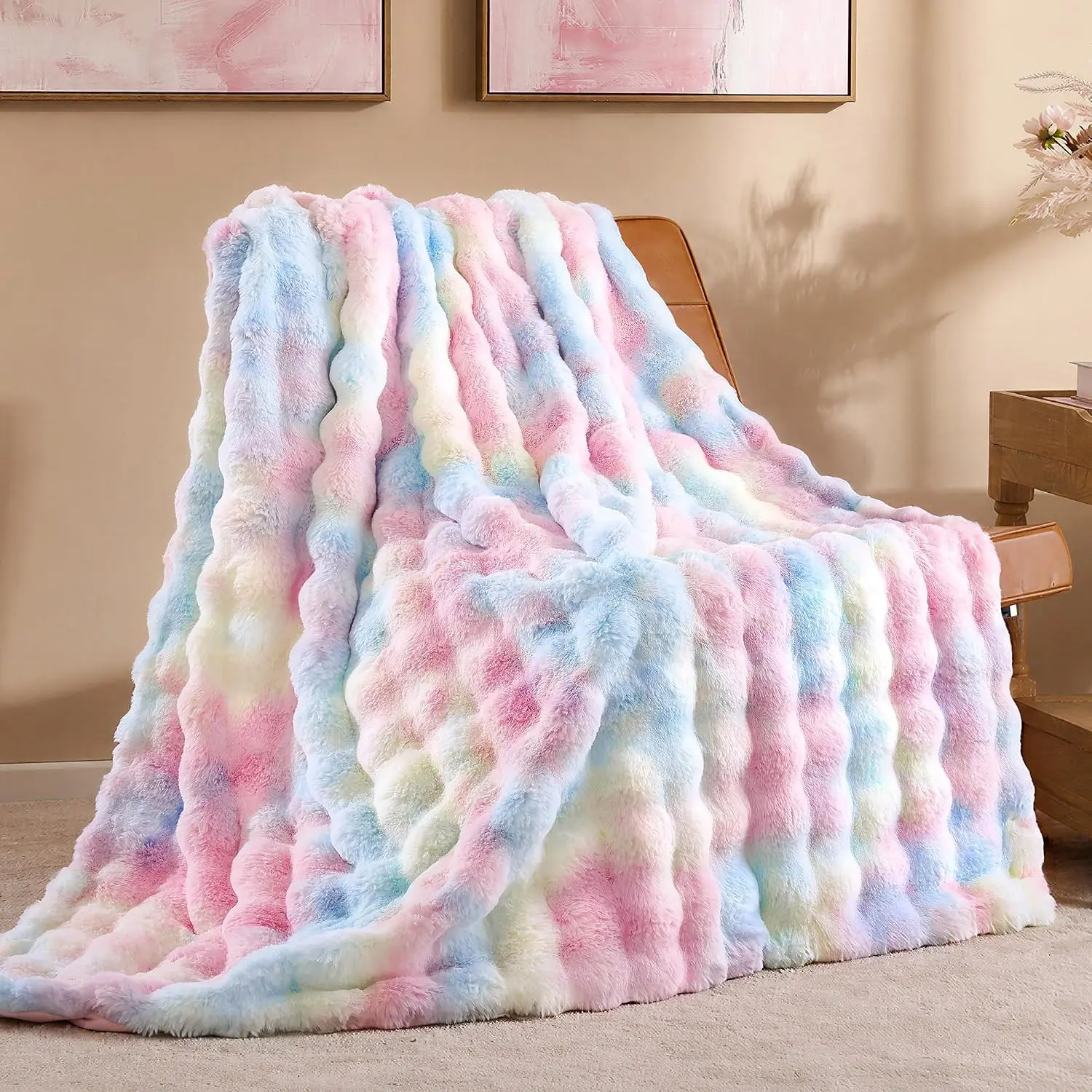 Faux Fur Throw Blanket for Couch - Rainbow Super Soft Cozy Bubble Blanket, Fluffy Plush Fuzzy Throw for Sofa & Bed, Thick Lightweight Warm Blanket, Luxury Aesthetic Gift for Women 50"x60"