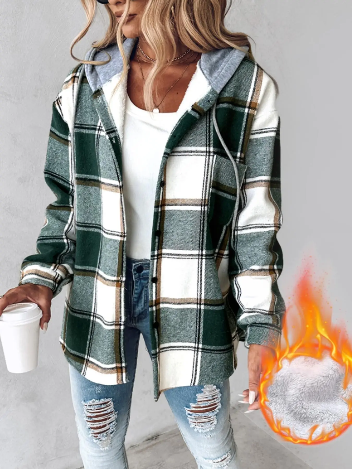 Women's Plaid Hooded Casual Jacket, Fashion Casual Outerwear, Stylish Outerwear for Daily Wear, Comfortable and Trendy Design, Perfect for Fall & Winter Seasons