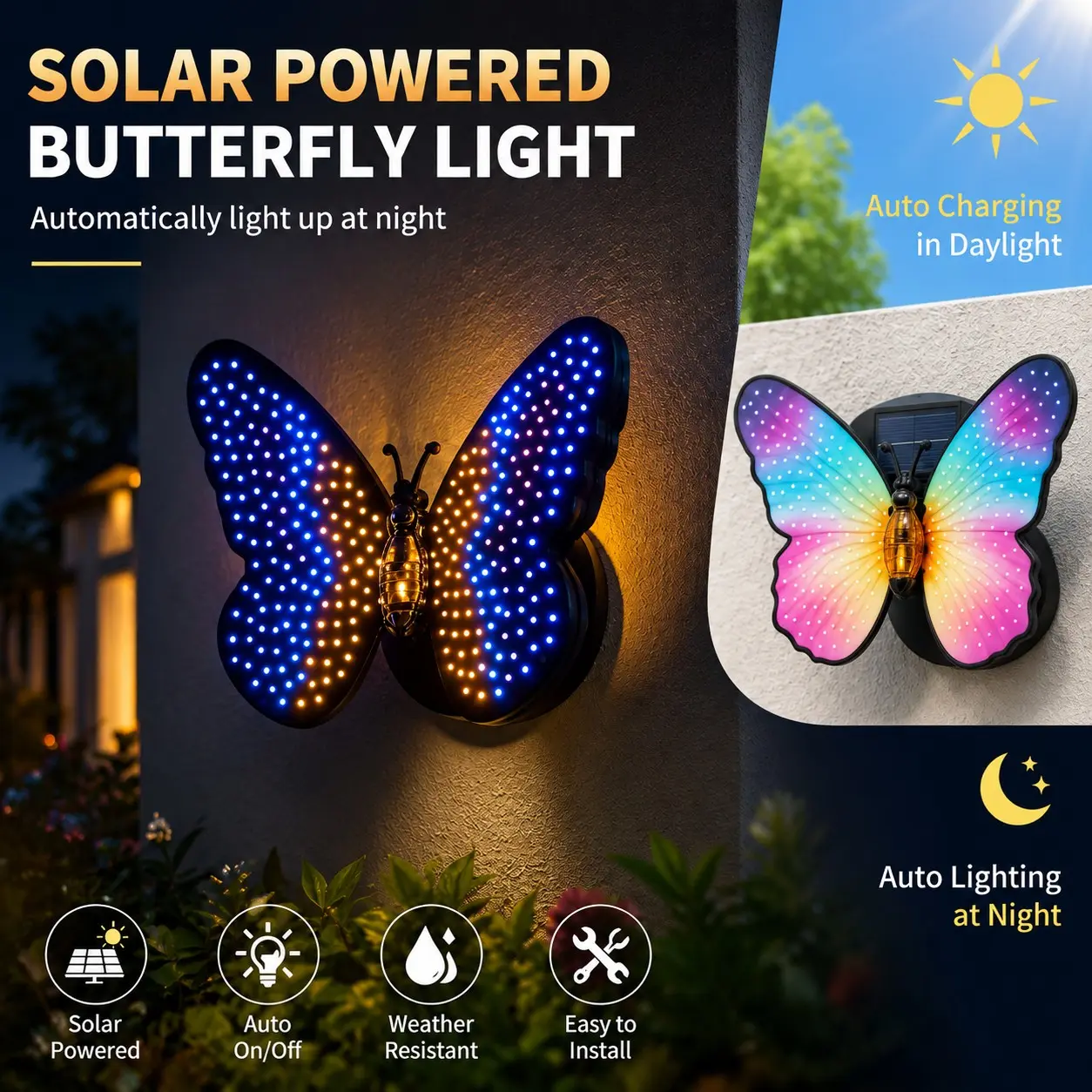 New Butterfly Lamp, Solar LED Outdoor Light, Creative Design, Seven Color Changing Glow, Realistic Butterfly Garden Lawn Decor Light