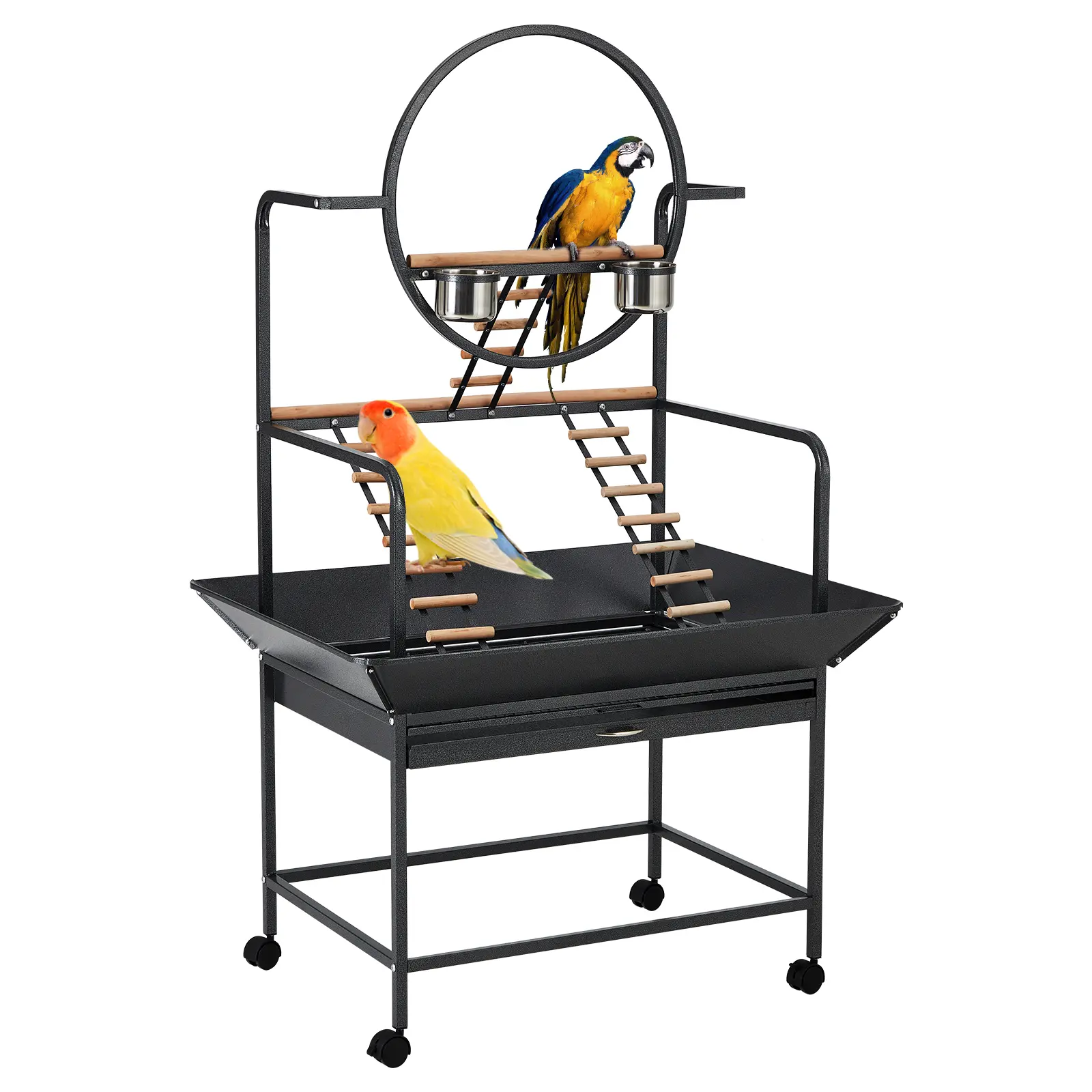 64 Inch Height Bird Playstand, Heavy-Duty Metal Bird Activity Play Center with Ladders, Multi-Texture Perches, Lockable Wheels, Removable Tray & Seed Guard, Indoor Outdoor Playground for Parakeets, Cockatiels, Conures and Macaws, 33"L x 23"W x 66"H