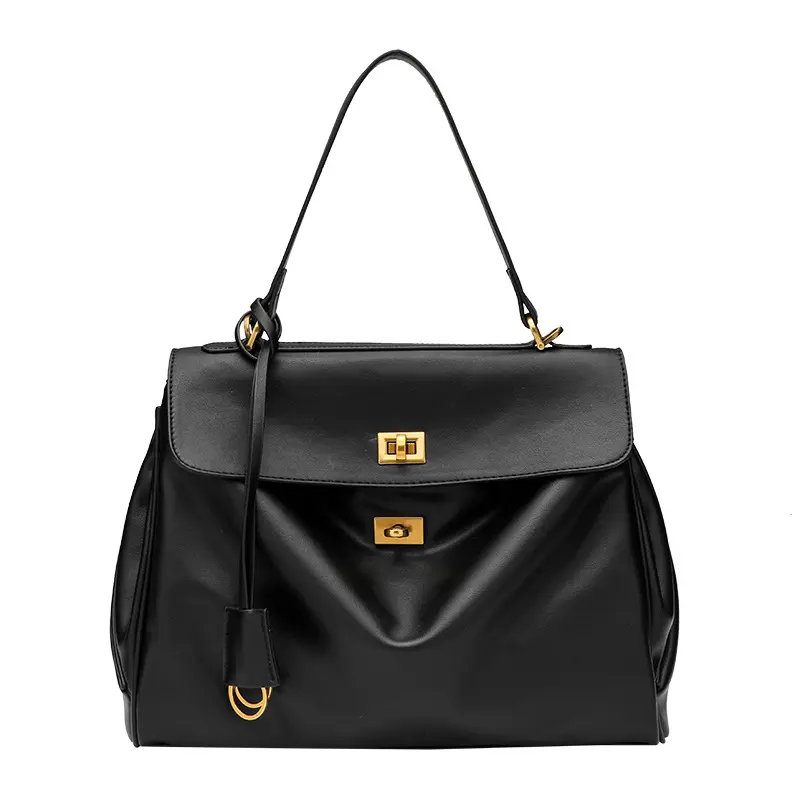 Women's Leather Large-Capacity Black Shoulder Bag - Oversized Tote with Textured Finish, Gold-Tone Hardware, Flap-Turn Lock Closure, Top Handle for Work, Travel, Everyday Sports & Outdoor Shoe Storage