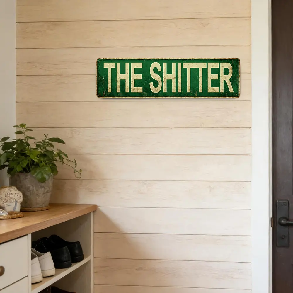 "The Shitter" Weathered Green Bathroom Street-Sign Typography Aluminum Metal Sign, 4x16 Inch, Waterproof & Rust-Free, funkyroom decor, vintage metal art, gift, home decor wall art