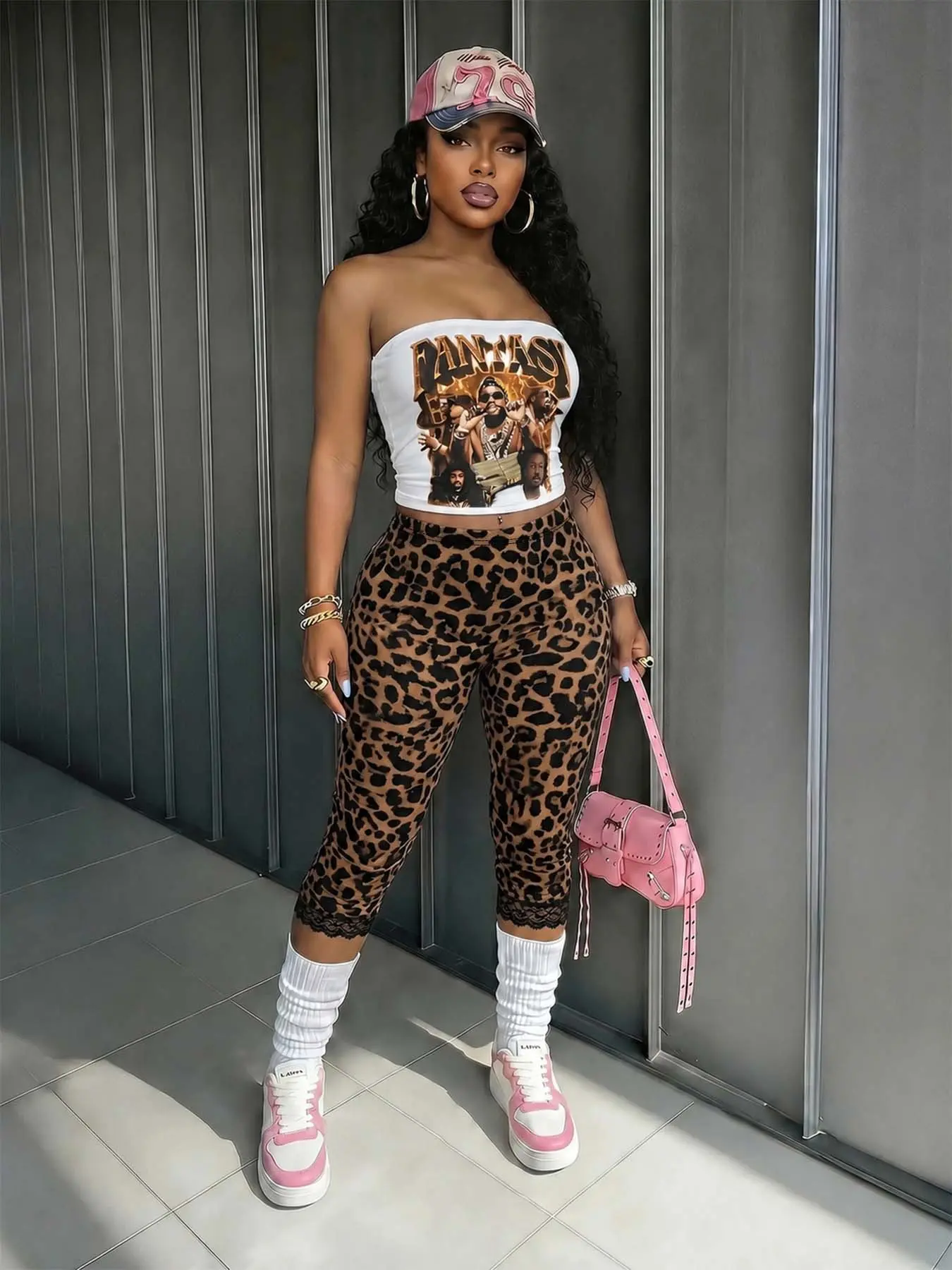 Women Y2K 90s Hip Hop Two Piece Matching Outfit Soft Stretch Knit Solid White Straight Neck Strapless Tube Crop Top Vintage Retro Rap Portrait & Gothic Metal Font Graphic High Waist Slim Brown Black Full Leopard Print Mid Calf Capri Pant With Scalloped Ey