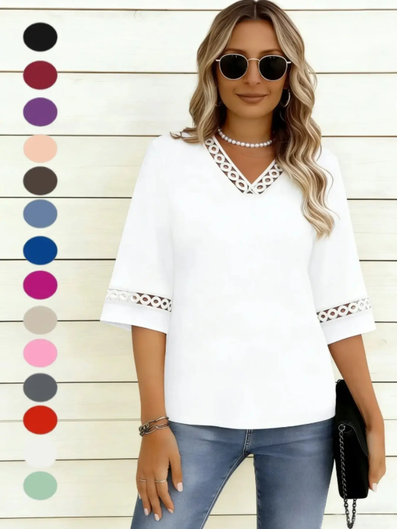 2026 New Summer Women's Chic Fashion T-Shirt, Pure Color V-Neck Short Sleeve, Floral Trim Casual Top, European and American Style