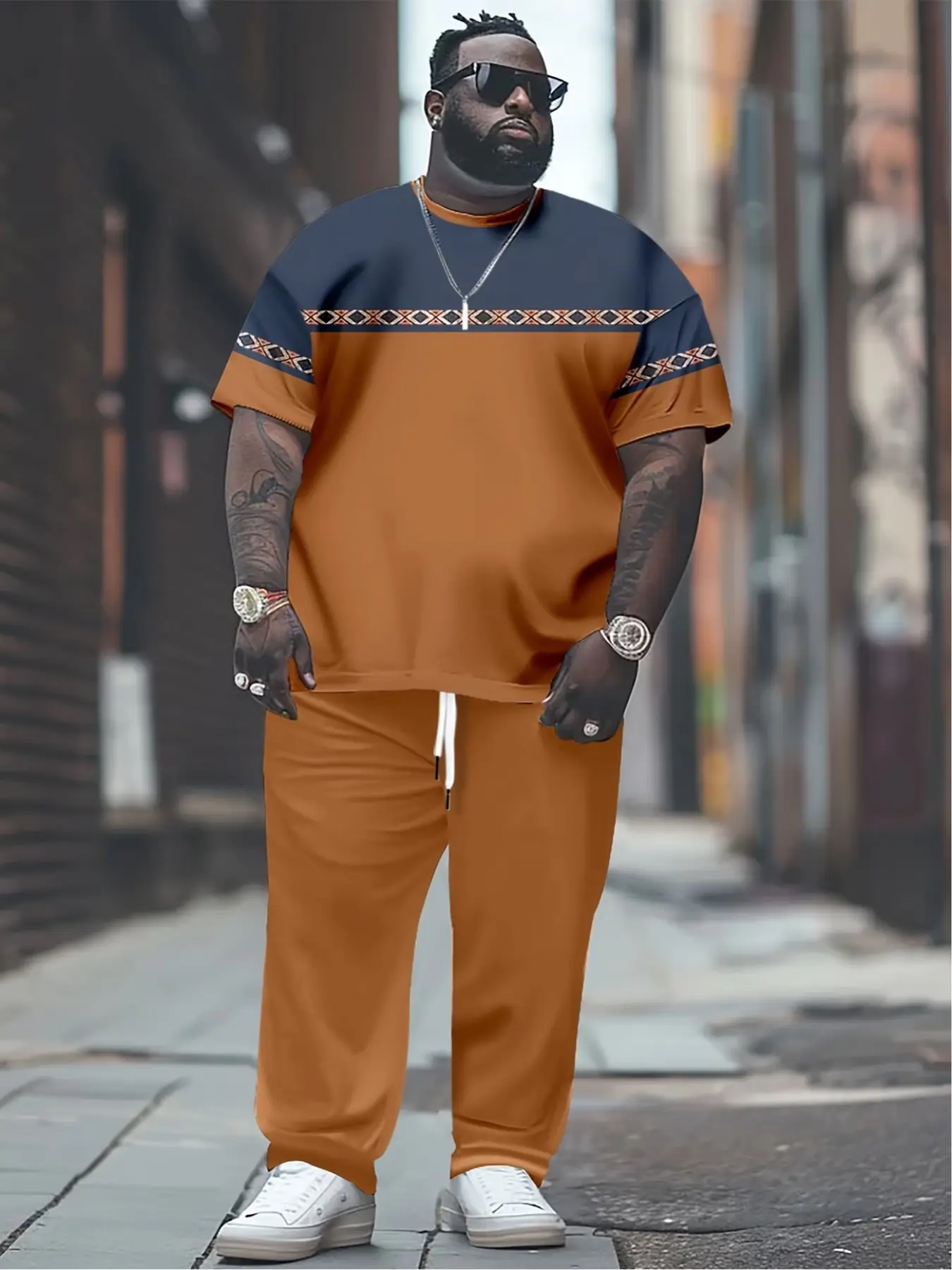 Men's Plus Size Sportswear Set, Colorful Geometric Pattern Short Sleeve Long Pants, Casual Fashion Round Neck Two-Piece Set, Athleisure Wear Set
