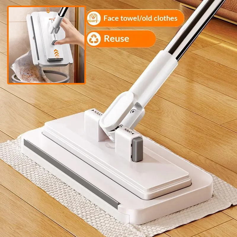 Retractable Disposable Wet-Dry Mop - Household Cleaning Tool with Automatic Cloth Clamping, Hands-Free Operation, Face Towel Fabric, Replaceable Pads, Adjustable Design, No-Hand-Wash Lazy Cleaner for Hardwood, Tile Floors, Windows, Wipes, Window, Kitchen
