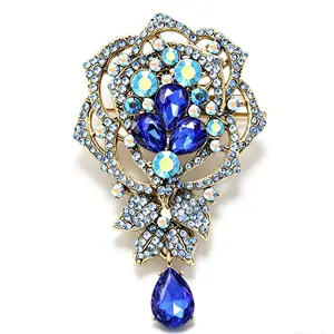 Luxurious Sparkling Rhinestone Rose Brooch Women's Elegant Jewelry Vintage Blue Crystal Rhinestone Brooch