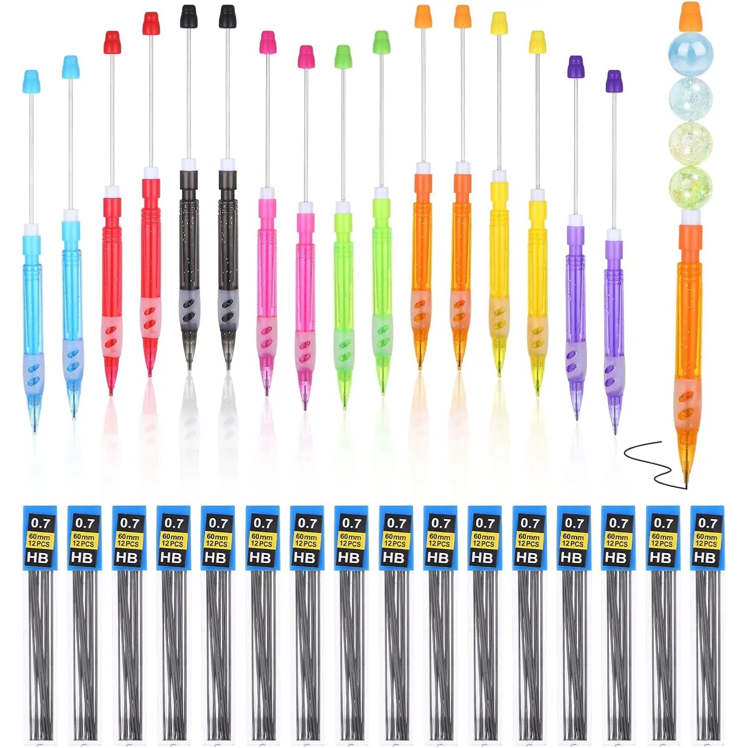 16 count Beadable Mechanical Pencils Bulk with 16 Lead Refills (8 Colors) | Beadable Pencils with  Hand Guard for Writing Drawing Sketching DIY Crafting