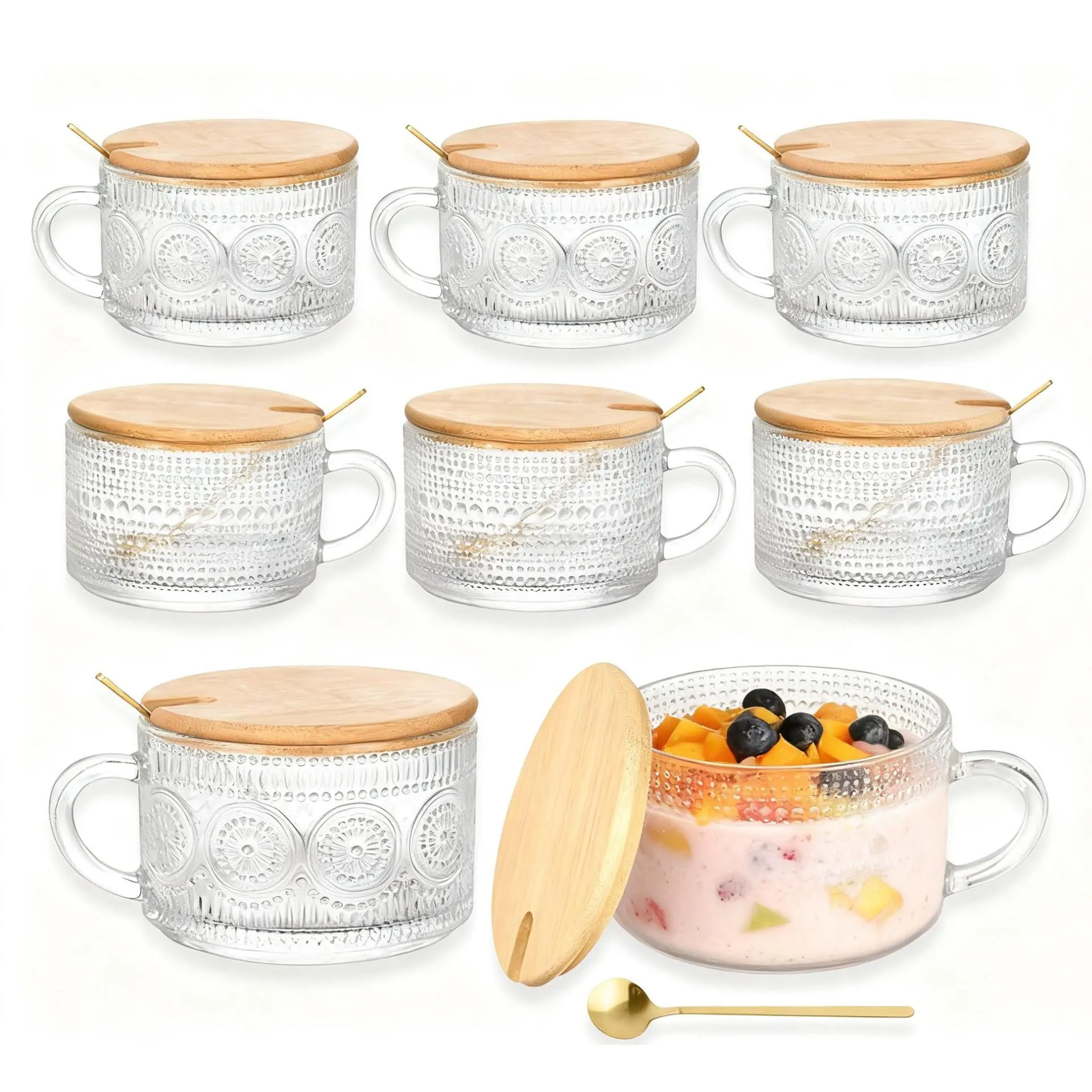 8-Pack 14oz Retro Round Irish Vintage Glass Coffee Mugs - Drinking Glasses Cups with Bamboo Lids, Metal Spoons, Sunflower Green Embossing, Ideal for Iced Coffee, Tea