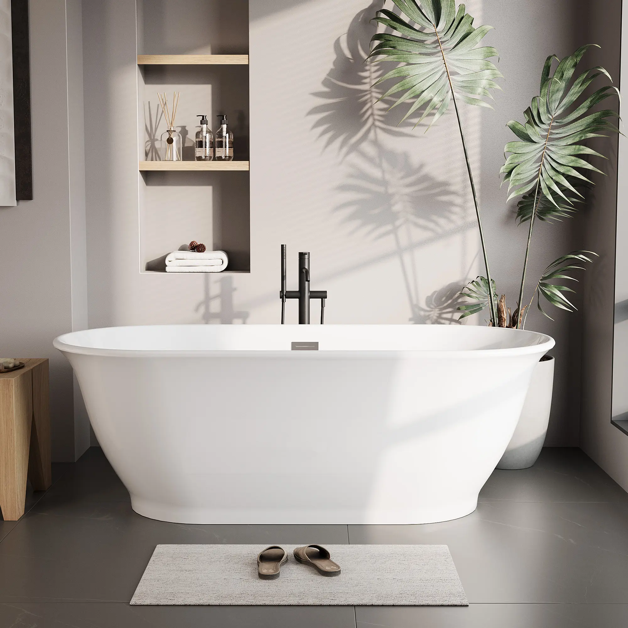Modern Deep Soaking Freestanding Bathtub - Acrylic Pearl Shape Stand Alone Tub with Deep Design, Dual-Tone White and Black, Chrome Overflow & Pop-Up Drain