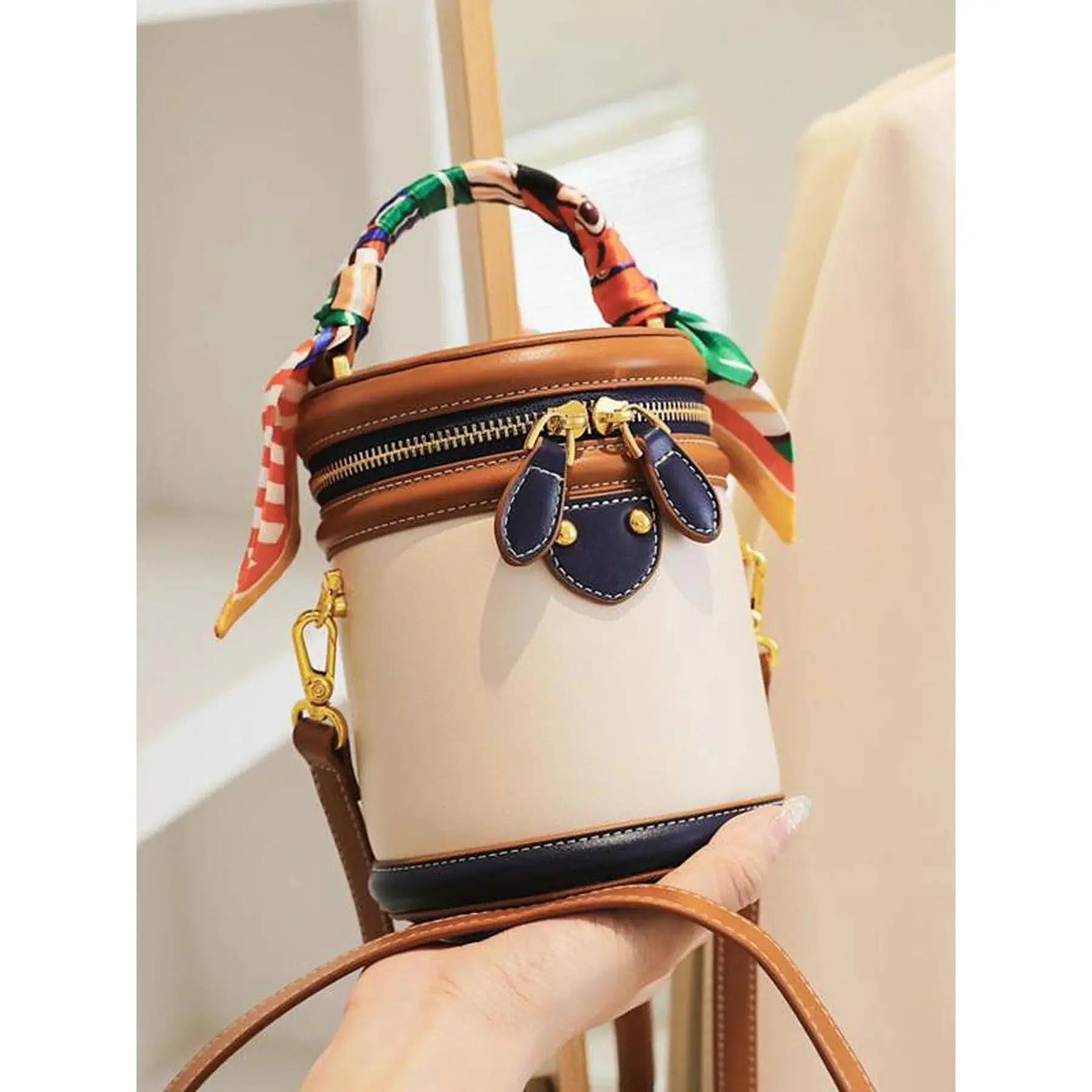 Women's Vintage Mini Bucket Bag, Color Block PU Leather Crossbody Handbag with Silk Scarf Handle and Detachable Strap, Silk Scarf Wrap, Vintage Twist, Colorblock, Casual Outings, Retro, Bags, Crossbody Bag