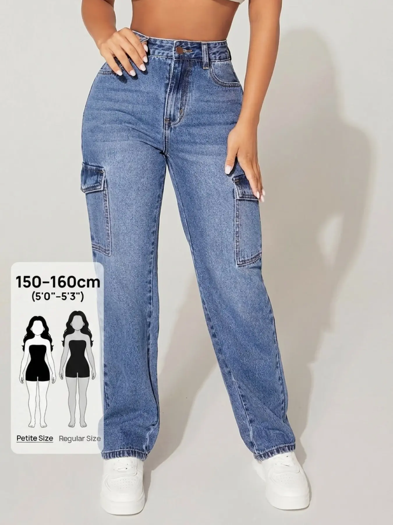 Women's Petite American Vintage Washed High-Waisted Cargo Jeans, Loose Fit with Large Pockets, Perfect for Music Festivals and Outdoor Activities