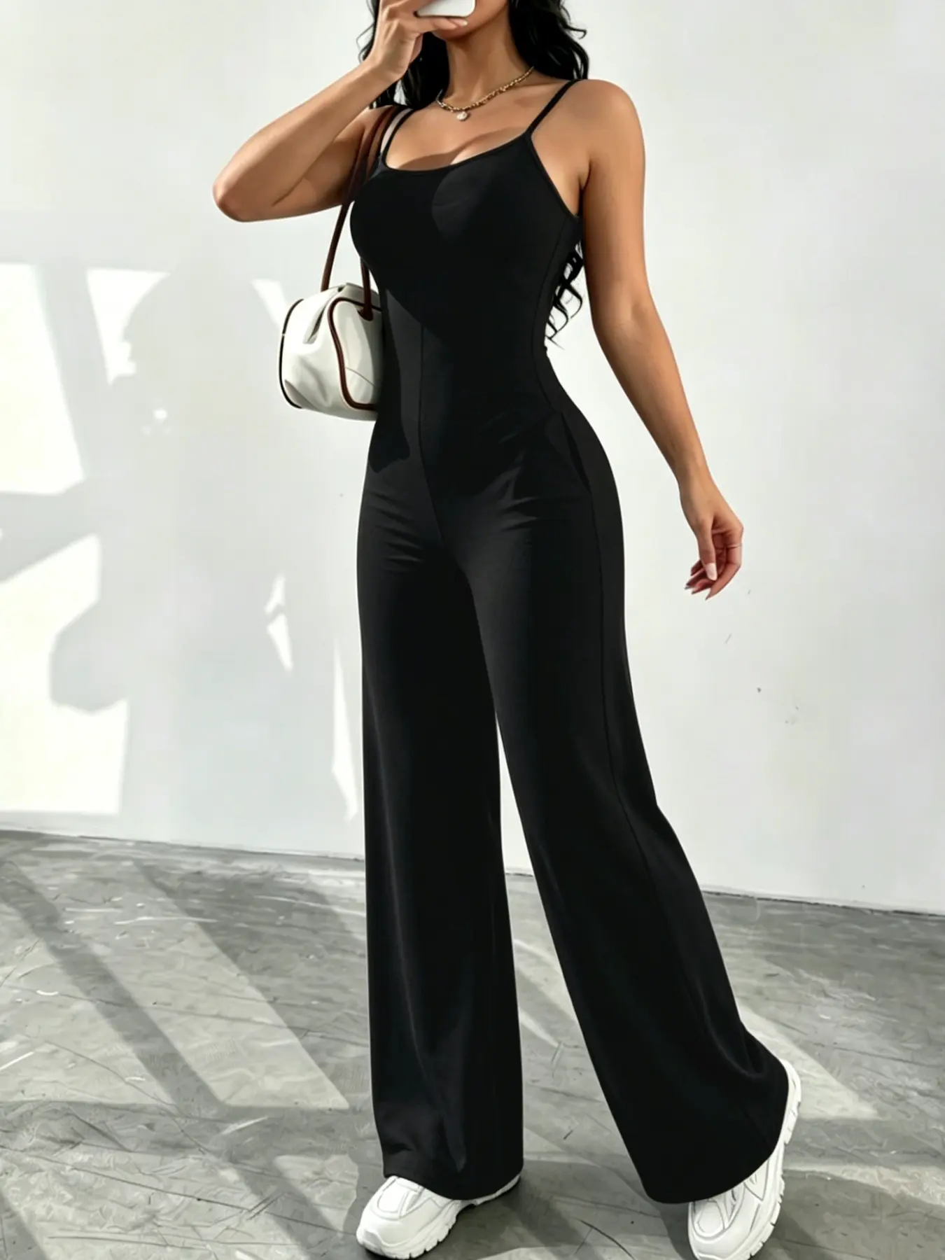 Adjustable Strappy Plain Basic Fashion Women Jumpsuit, Sleeveless with Pockets, Natural Waist, Casual Long/regular Length, All Seasons Wear