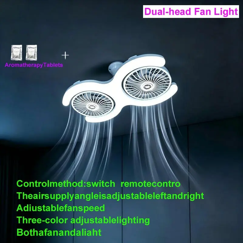 E27 LED Ceiling Fan with Remote Control, Dual Head Air Circulation Light, Adjustable Lighting, Suitable for Living Room and Garage
