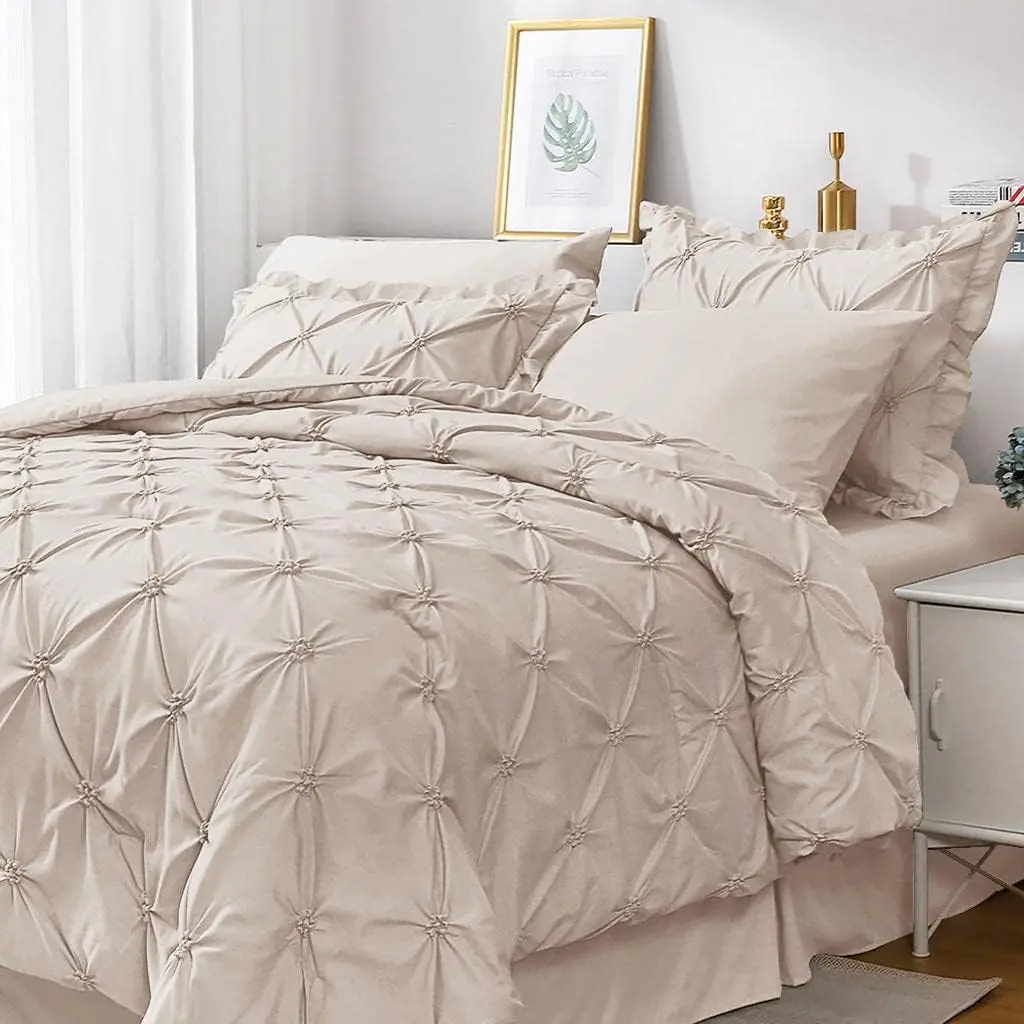 Queen Comforter Set 7 Pieces, Beige Bed in a Bag Comforter Set for Bedroom, Bedding Comforter Sets with Comforter, Sheets,Ruffled Shams & Pillowcases