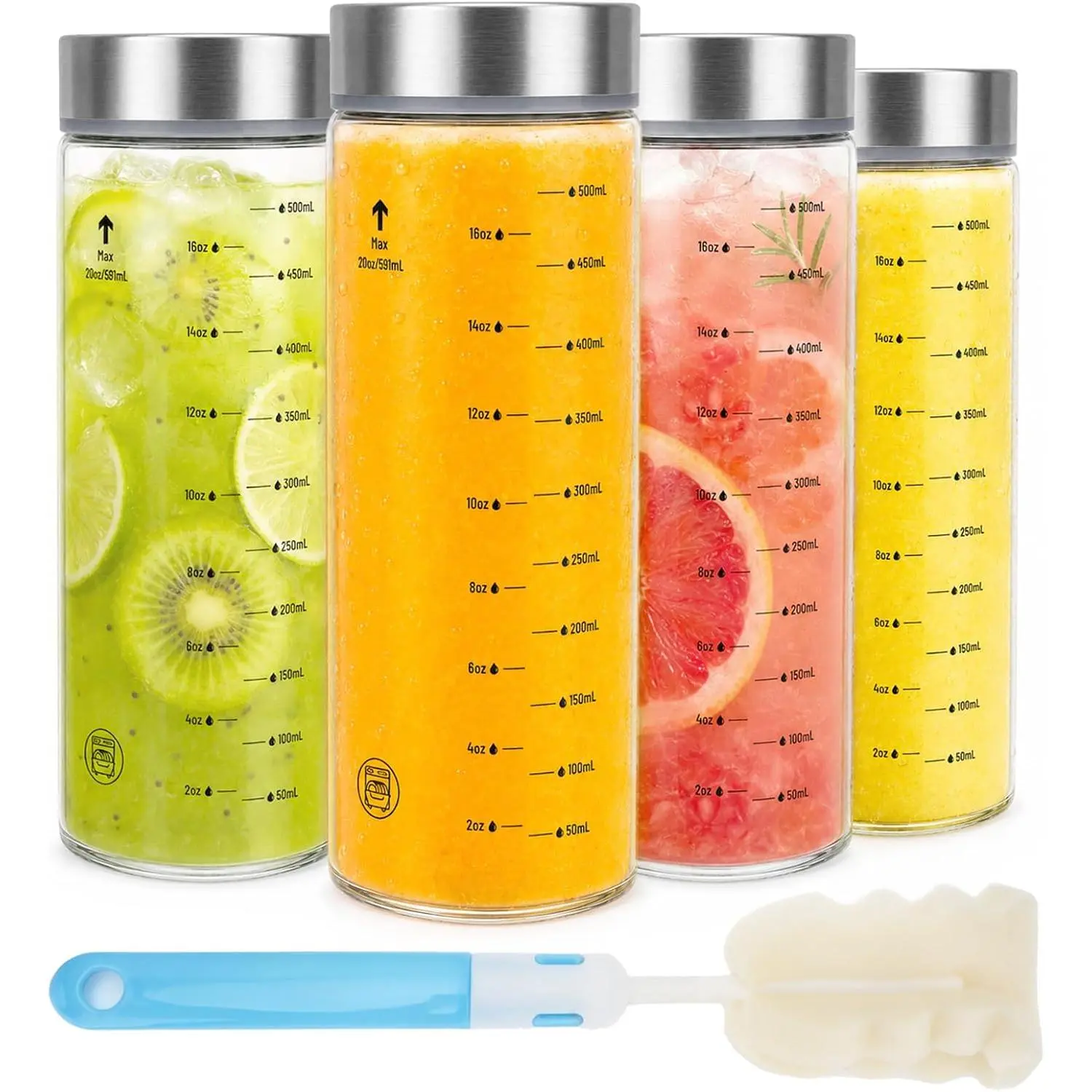 20oz Reusable Glass Juice Bottles with Lids, Wide Mouth, BPA-Free| Leak-Proof Clear Water Bottle for Juicing, Smoothie, Meal Prep| Capacity Markings, Brush Included, Dishwasher Safe| 4pcs