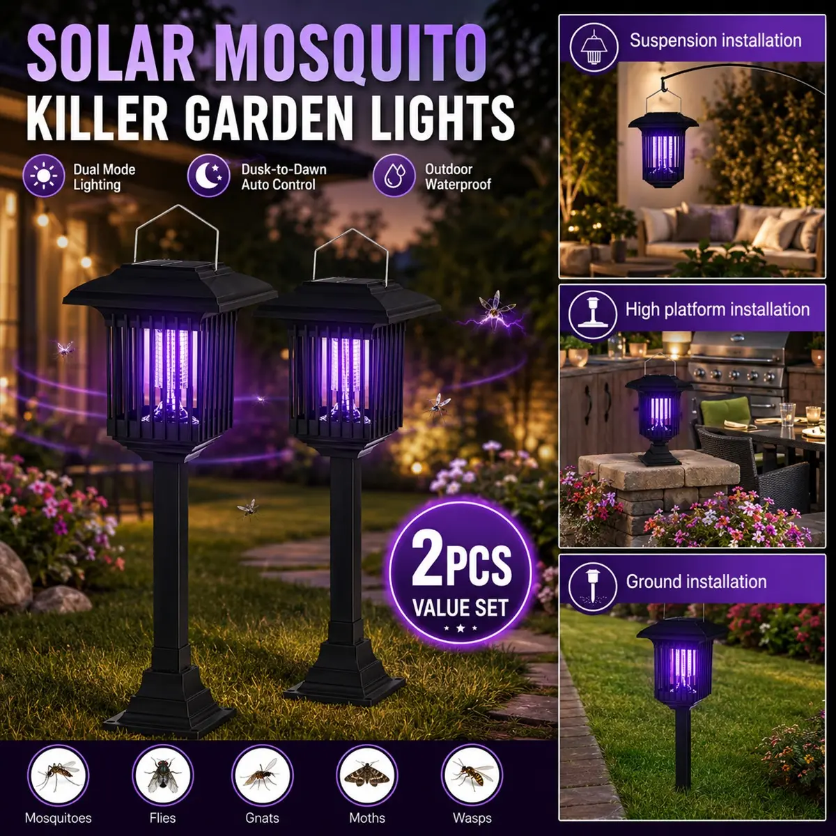 2 Pack Solar Powered Insect Zapper, Mosquito Killer, Outdoor Bug Zapper, Outdoor Stake Style, Cordless Solar Garden Lamp with UV Light, Hang or Ground Stake Installation, LED Mosquito Moth Fly Control Lamp for Patio, Yard, Garden