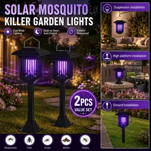 2 Pack Solar Powered Insect Zapper, Solar Bug Zapper, Outdoor Square Stake Style, Cordless Solar Garden Lamp with UV Light, Hang or Ground Stake Installation, Portable LED Mosquito Moth Fly Control Lamp for Patio, Yard, Garden, Porch, Camping