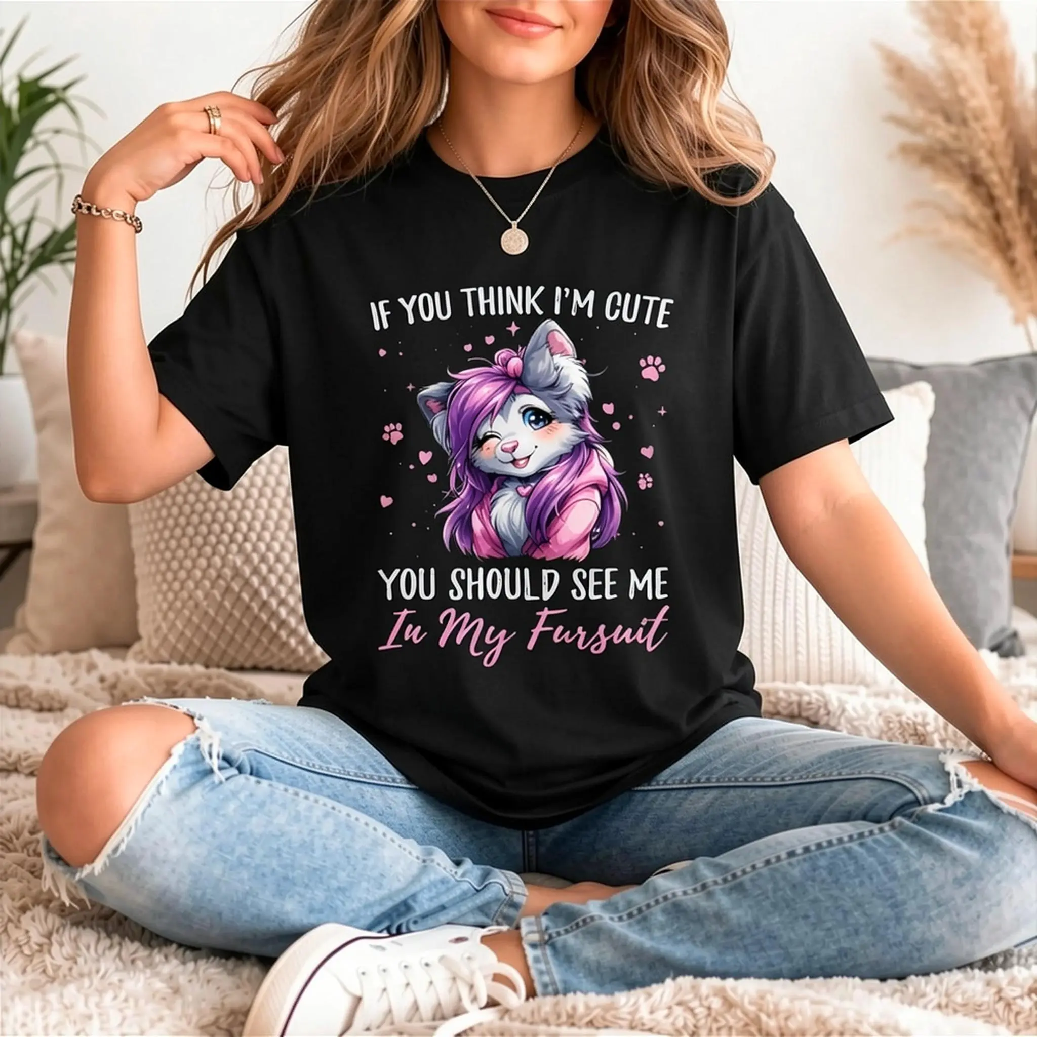 Women's 100% Cotton Short-Sleeve Fitted Casual T-Shirt - "If You Think I'm Cute See Me in My Fursuit Furry Wolf" Graphic Top, Shortsleeve, Tshirt, Lady, Classic Crew, Cap Sleeves, Criss Cross, Chic Look, Vibrant Print