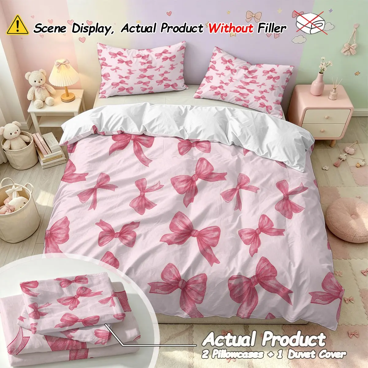 Princess Style Bow Duvet Cover Set, (1 cover + 2 pillowcases, no filling)Soft Digital Print Bedding, Includes 1 Duvet and 2 Pillowcases, Cozy and Fashionable Decor