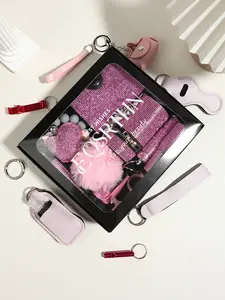 Luxury Crystal Rhinestone Keychain Gift Box 17pcs Shiny Car Key Ring Holder Glitter Heart Charm Fluffy Pom Pom Card Purse Lip Balm Container Pocket Mirror Unique Birthday Christmas Gift for Her