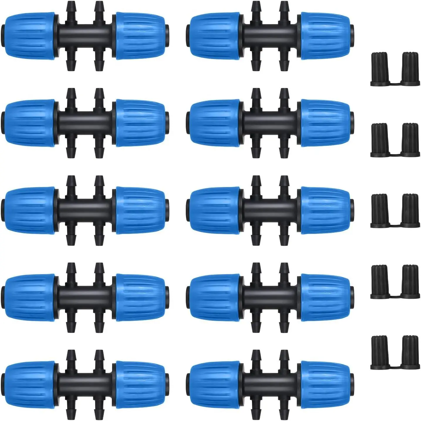 10 count Barbed Tee (0.6-0.63" OD) 16mm to 1/4 inch Irrigation Tube Six-Way Adapter Anti-Drop Barbed Hose Fittings with 10 count plug (Black)