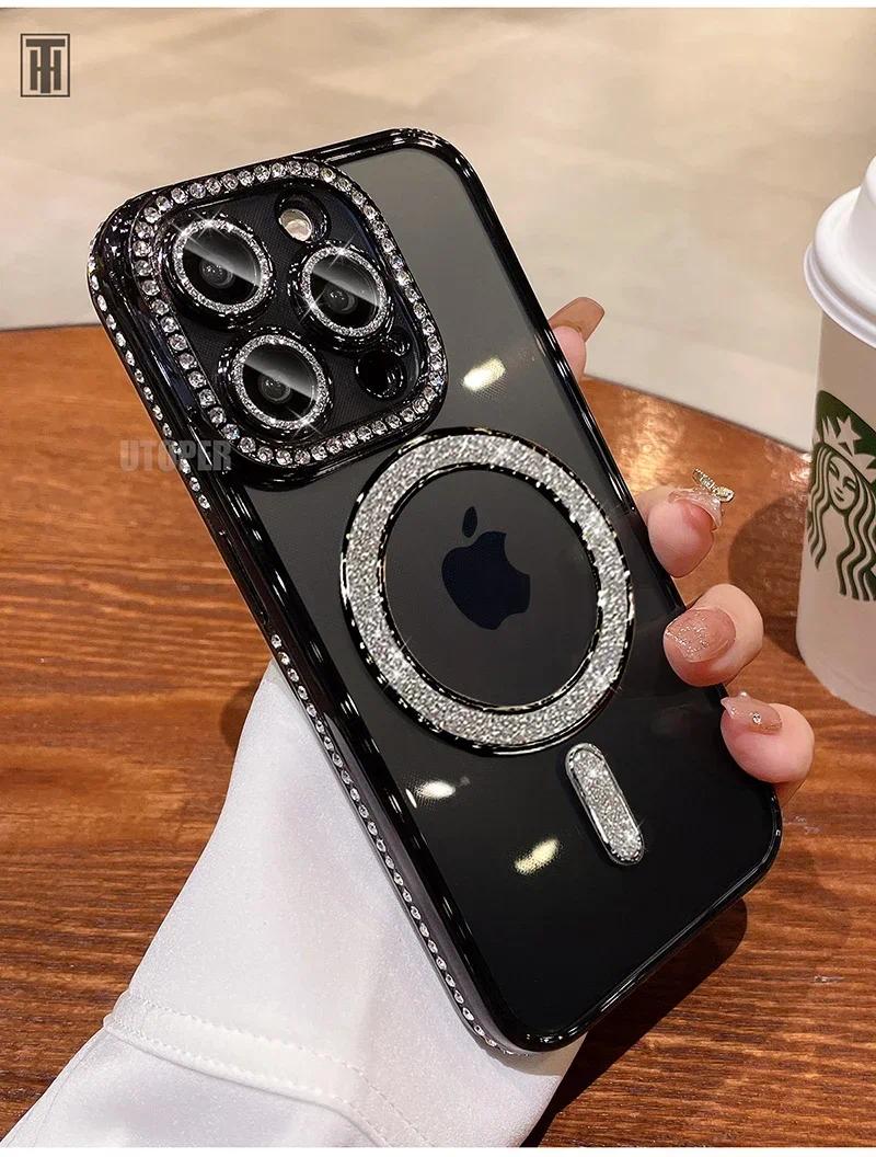 Luxury Bling Crystal Lens Film Phone Case For iPhone 15 11 12 13 14 Pro Max Plus Magsafe Magnetic Wireless Charging Clear Cover