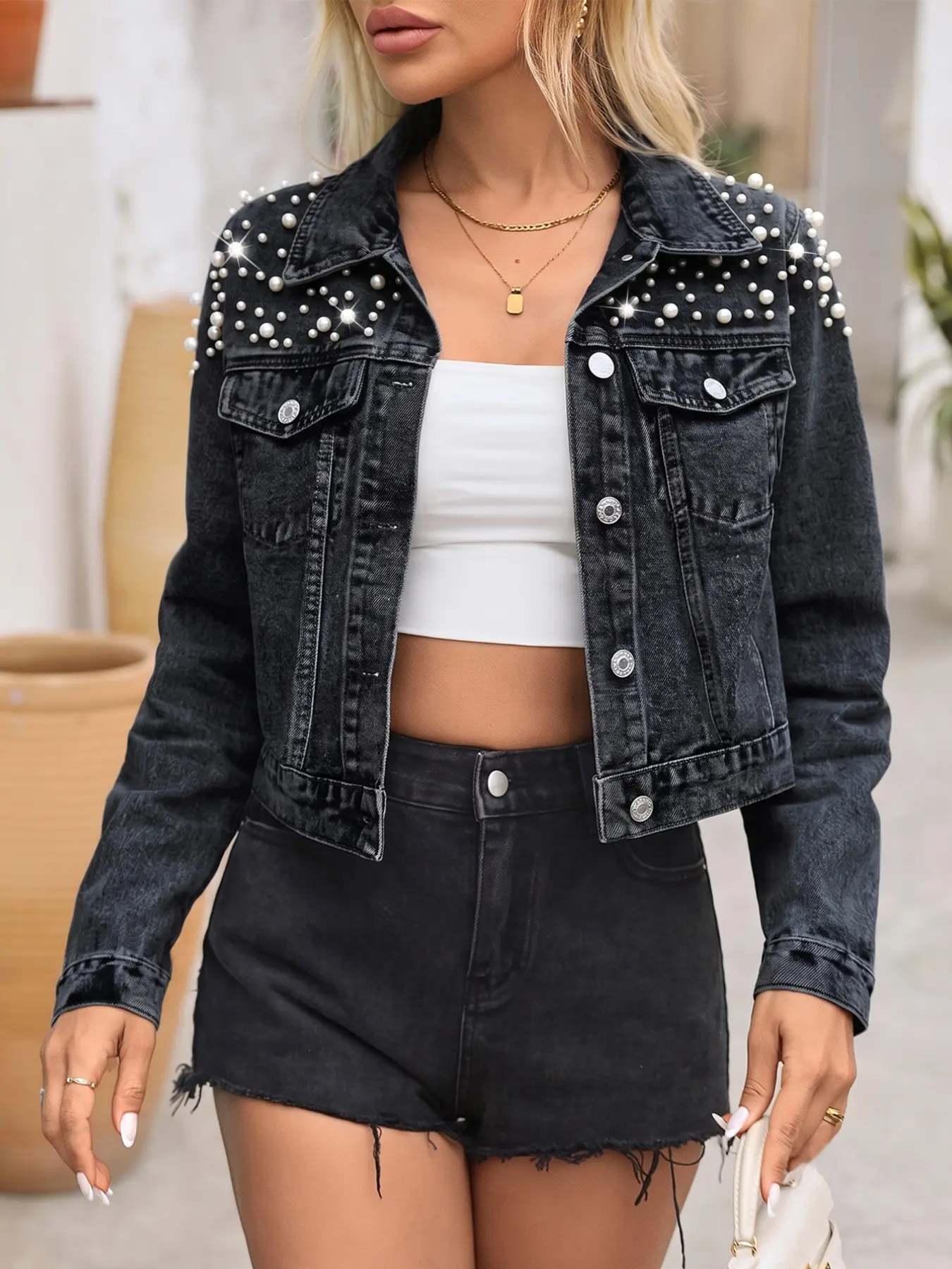 Women's Lapel Long Sleeve Short Denim Jacket, Pearl Rhinestone Decor Front Button Slim Fit Jeans Coat, Party Casual Outerwear