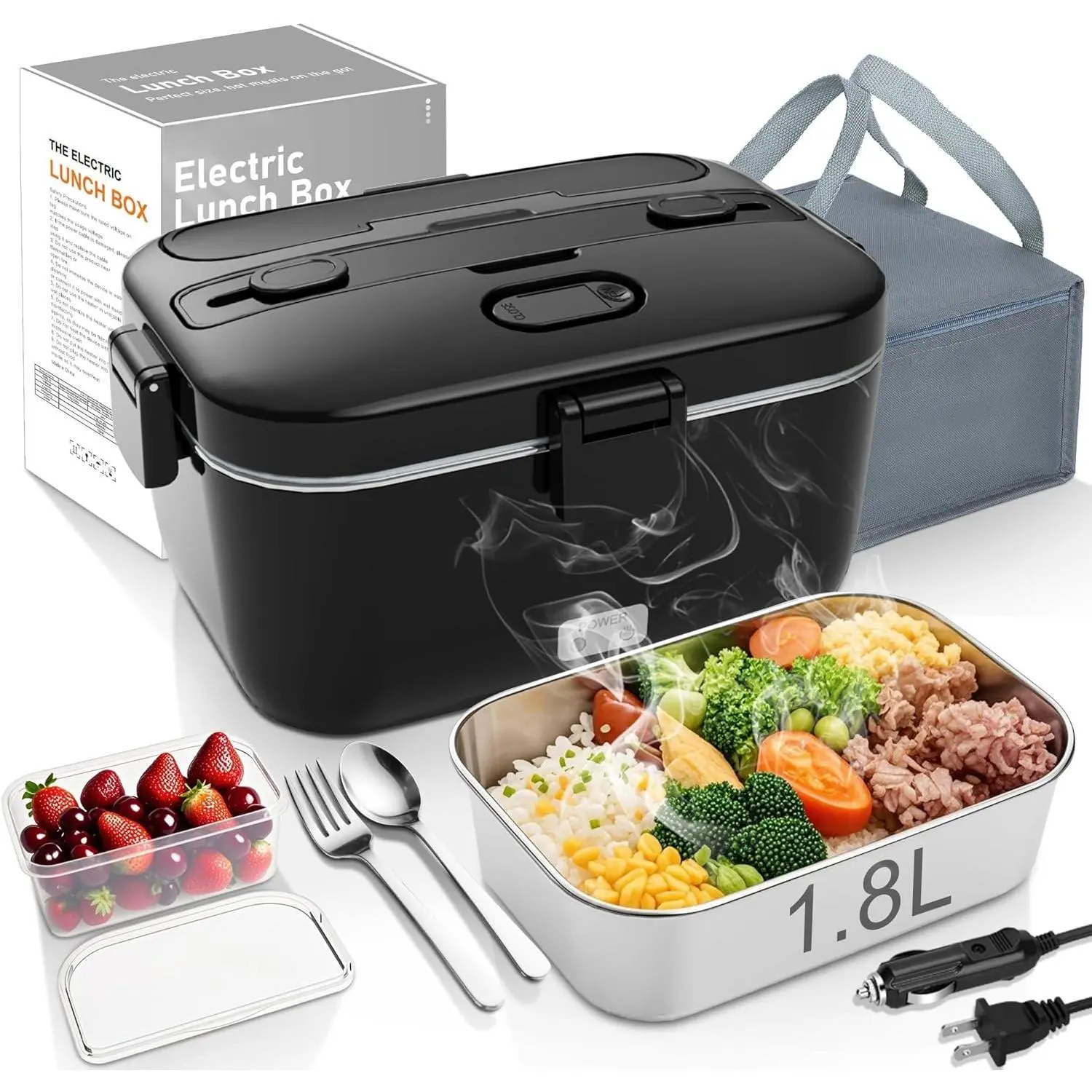 Electric-Lunch-Box-Heated--Warmer 100W Heating Box for Adult | 1.8L Portable  Heater for Work/, 12V/24V/110-230V Lonchera Eléctrica Portátil with Fork Spoon (Black)
