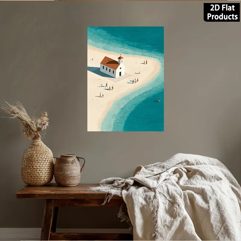 2D flat painting, 2D flat painting, 2D flat painting, minimalist canvas artwork, a small white church displayed by the beach, perfect for home and office decoration, perfectly enhances the beauty of the room
