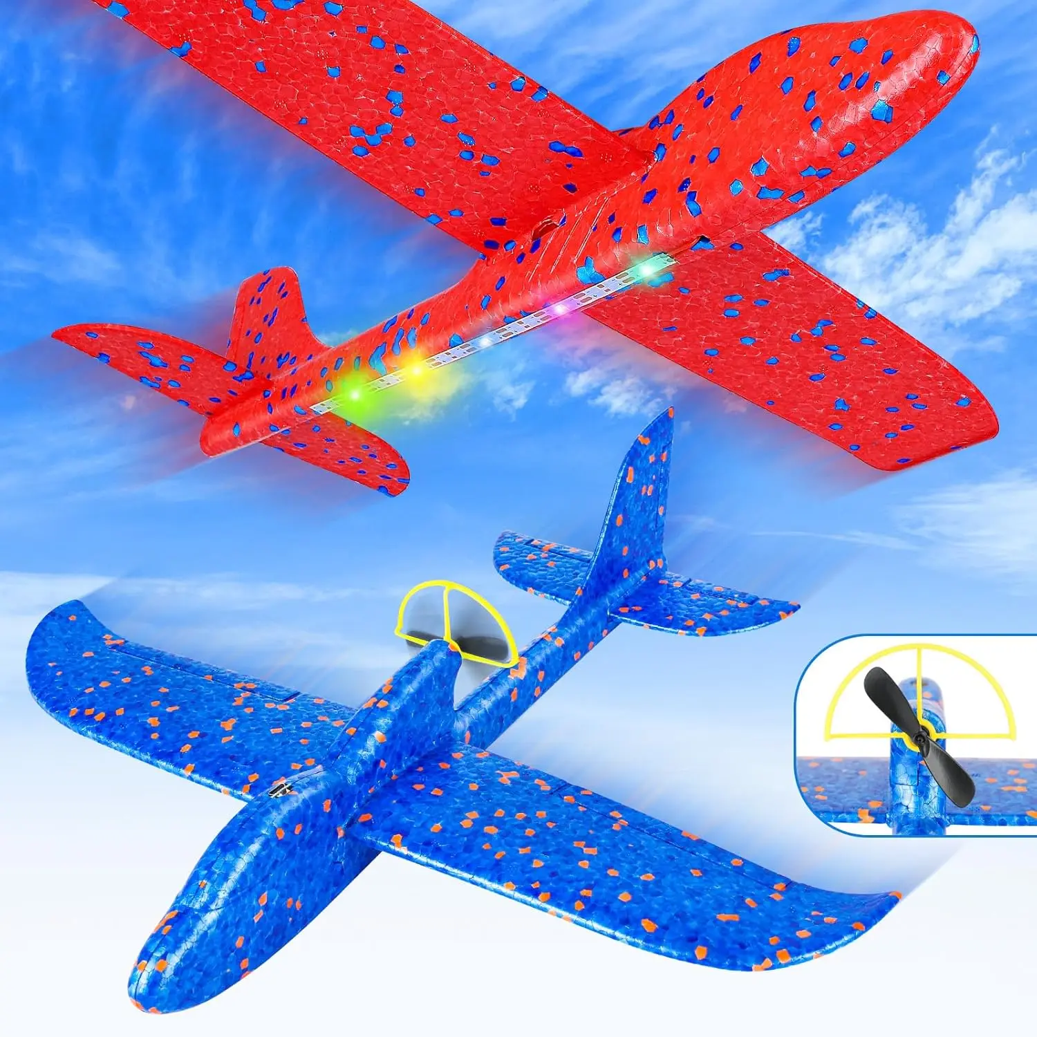 Electric Foam Airplane Toy, 2 Pack LED 15/25s Plane Toy for Boys, Outdoor Flying Toy Birthday Gifts for Boys Girls 3-12 Years Old Kids Christmas Easterfidget toys