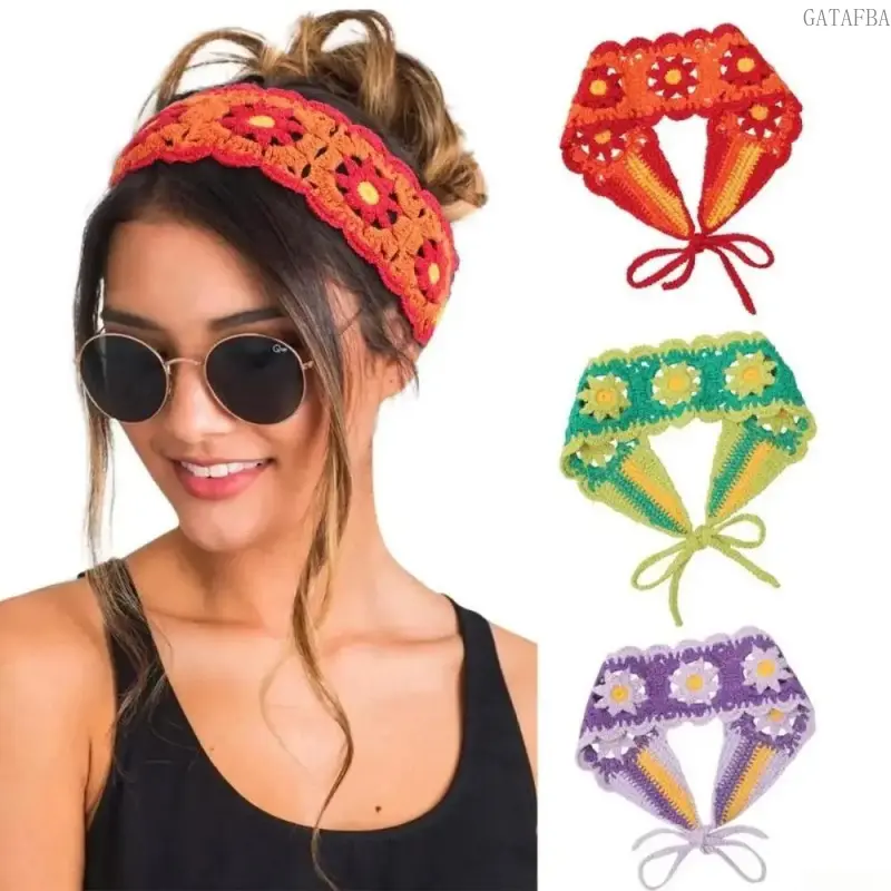 Boho Floral Crochet Elastic Wide Headbands Soft Breathable Knit Hair Wraps All-match Daily Hair Accessories for Women Girls