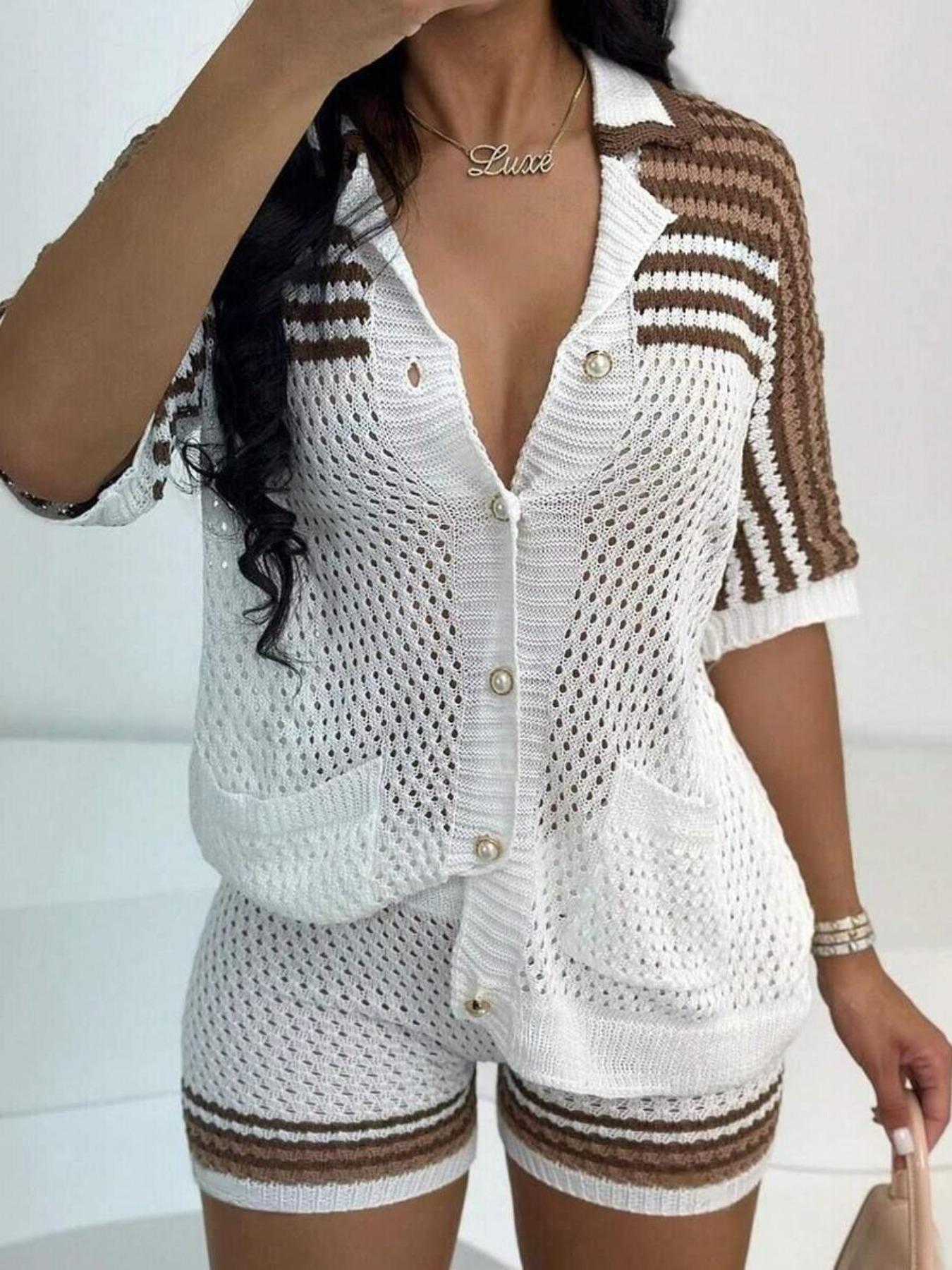 Women's Striped Design Sweater & Shorts Two-piece Set, Casual Short Sleeve Top & Shorts, Ladies Summer Outfits