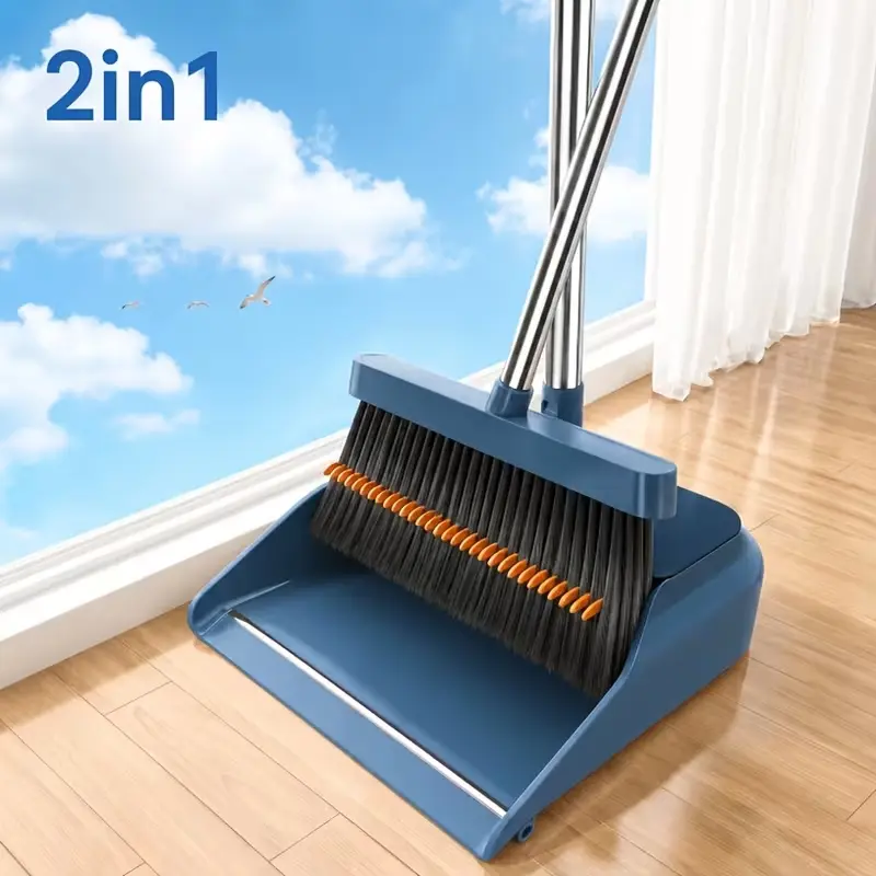 30'' Broom and Dustpan Set for Home with Scraping Teeth and Scraper, 180° Rotatable Long Handle Broom with Stand Up Dustpan Combo Set for Office Home Kitchen Lobby Floor, House Warming Gifts (Blue)