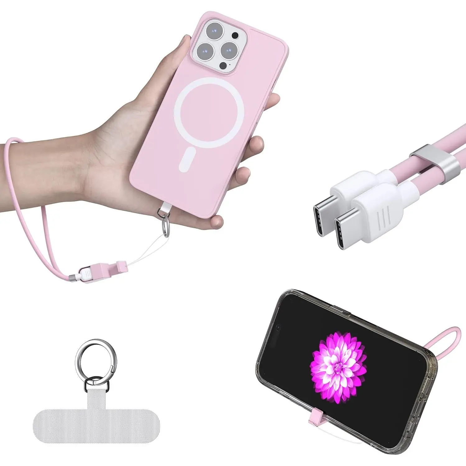 3-in-1 Phone Wrist Strap Lanyard,for iPhone 17 16 15 Built-in Stand 65W PD Fast Charging USB-C to Lighting Cable, Portable Hand Strap Phone Lanyard Charging Cable, Wrist Strap, Portable Phone Stand, Adjustable Chargers Lanyards Usb c, Type c Cable