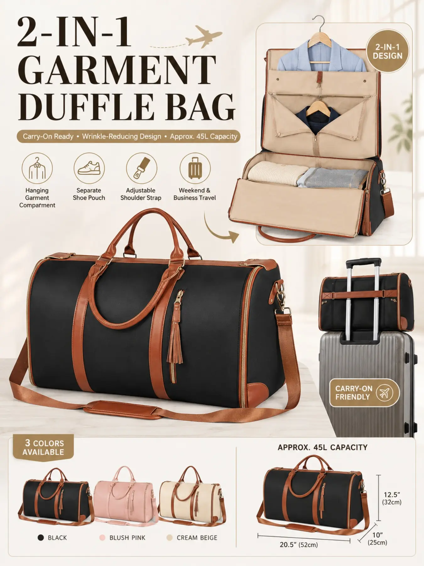 2 in 1 Garment Duffle Bag, Carry On Duffel, for Travel, Black PU Leather Convertible Carry On Suit Bag with Hanging Garment Compartment, Shoe Pouch & Shoulder Strap, Large Capacity Weekender Luggage for Men Women, Business Trip, Gym & Weekend Getaway