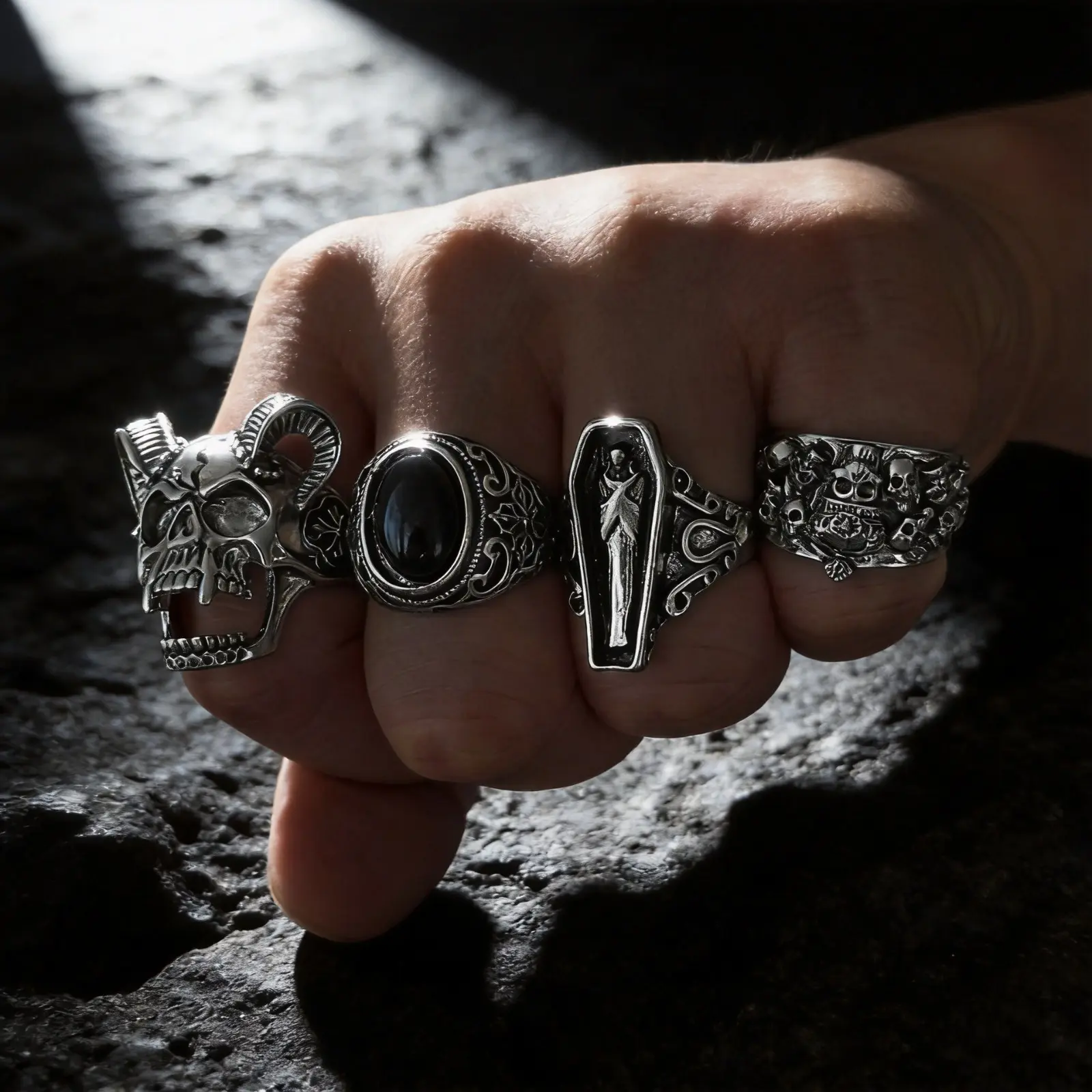 Men Women Finger Rings Universal Gothic Jewelry Set, Viral Dark Punk Skull Coffin Statement Rings, Underrated Alt Vintage Antique Silver Stackable Ring Pack, 4Pcs Demon Ram Black Onyx Death Coffin Carved Band Rings, Hypoallergenic Stainless Steel Adjustab