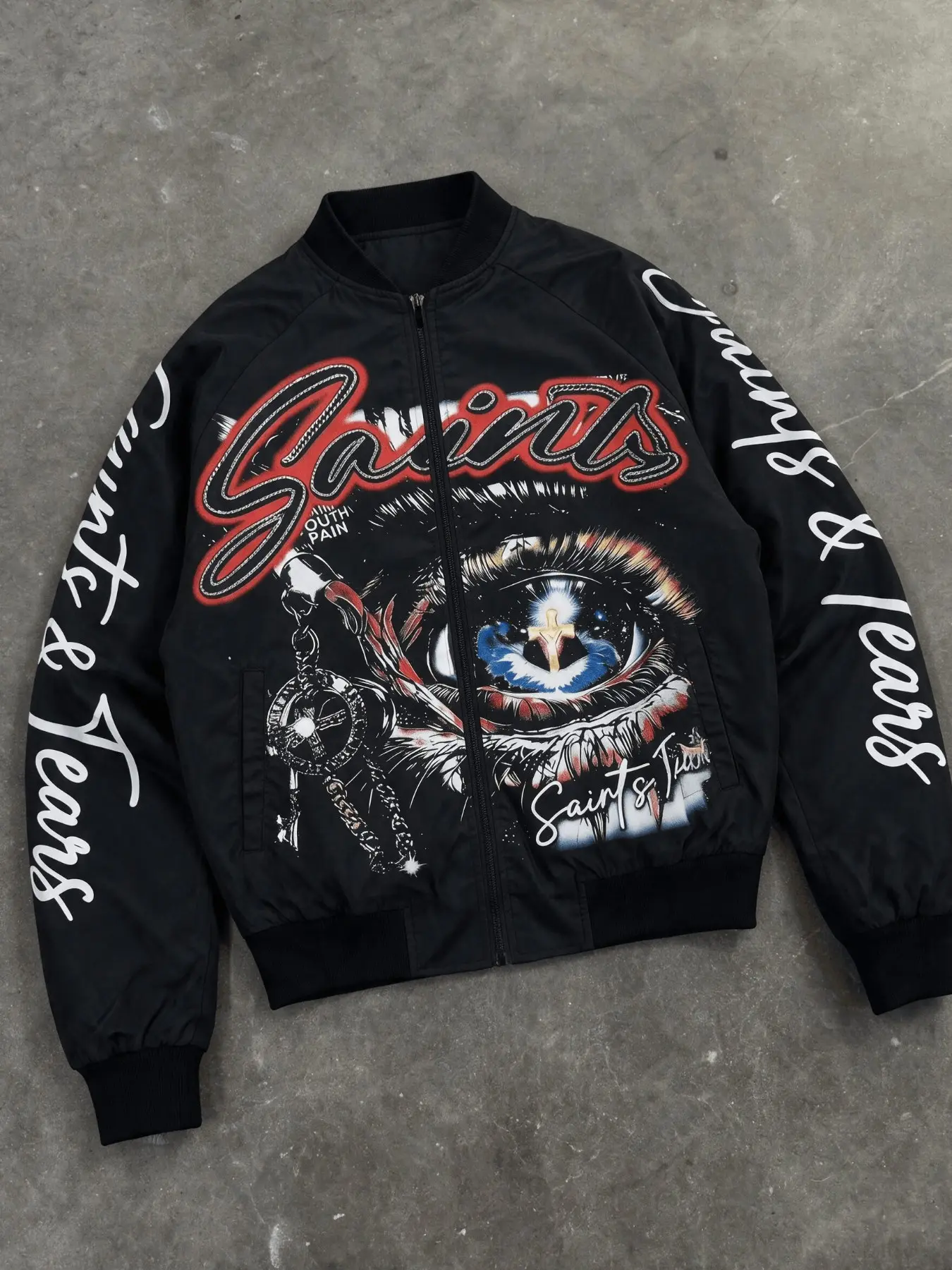 Men Bomber Jacket, Gothic Eye Graffiti Script Print Front Solid Black Back Zip Up Baseball Jacket Loose Hip Hop Streetwear Windbreaker