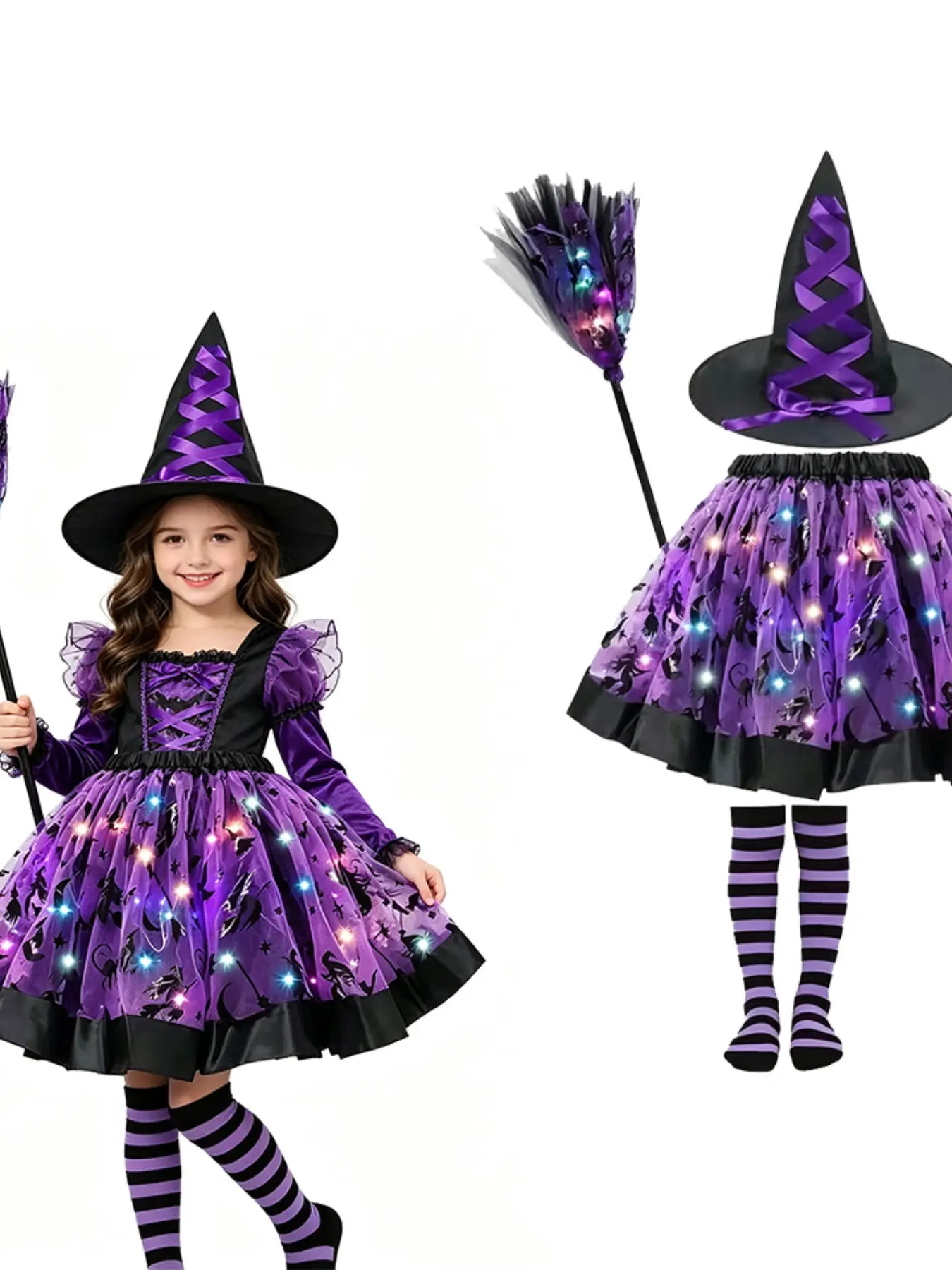 Halloween Costume Set, Cute Glowing Halloween Dress, Halloween Hat, Pumpkin Scythe Wand, Long Socks, Four-Piece Set, Themed Costumes