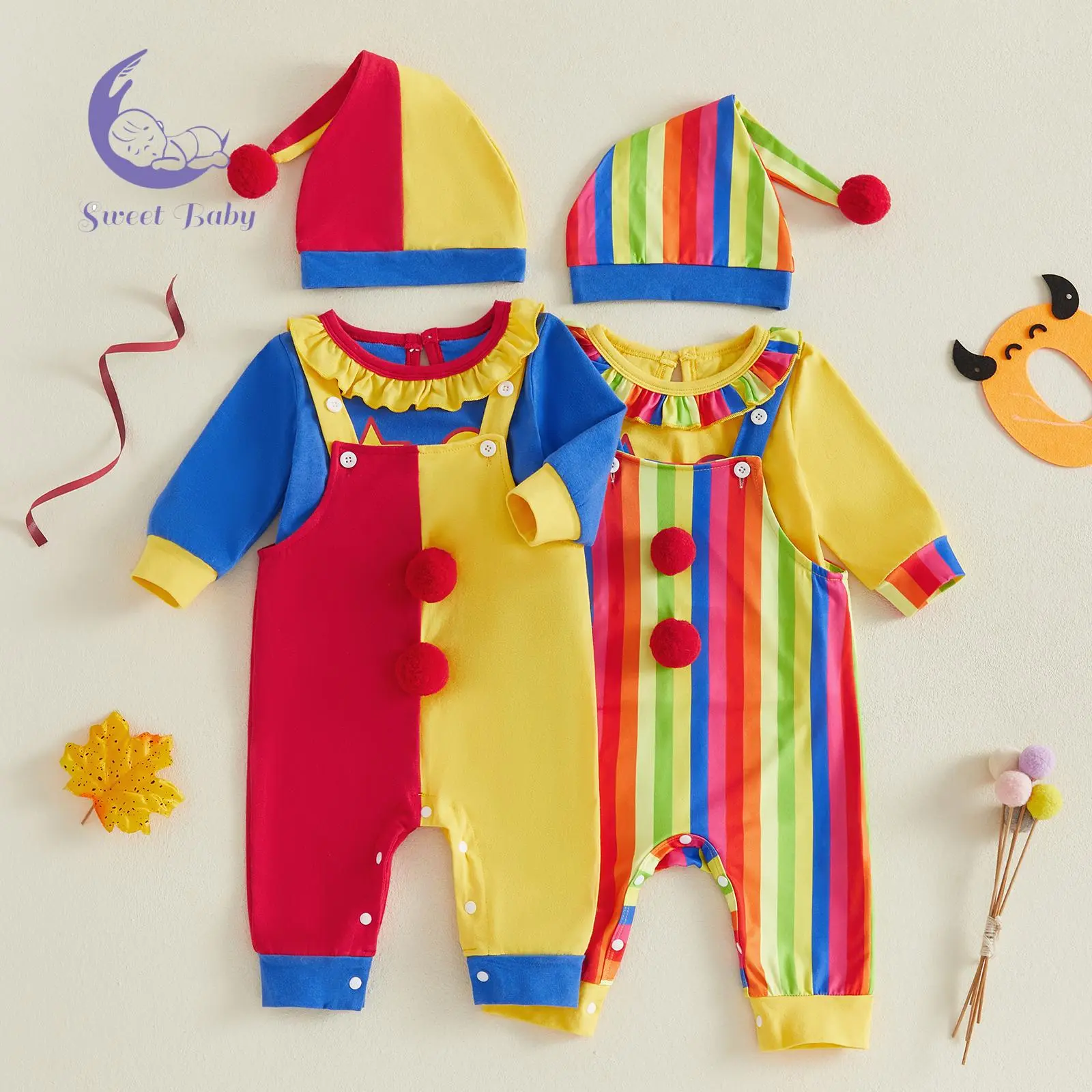Baby Boy Polyester Halloween Clown 3-Piece Costume Set - Long-Sleeve Clown Face Print Top, Striped Suspender Pants, Matching Hat