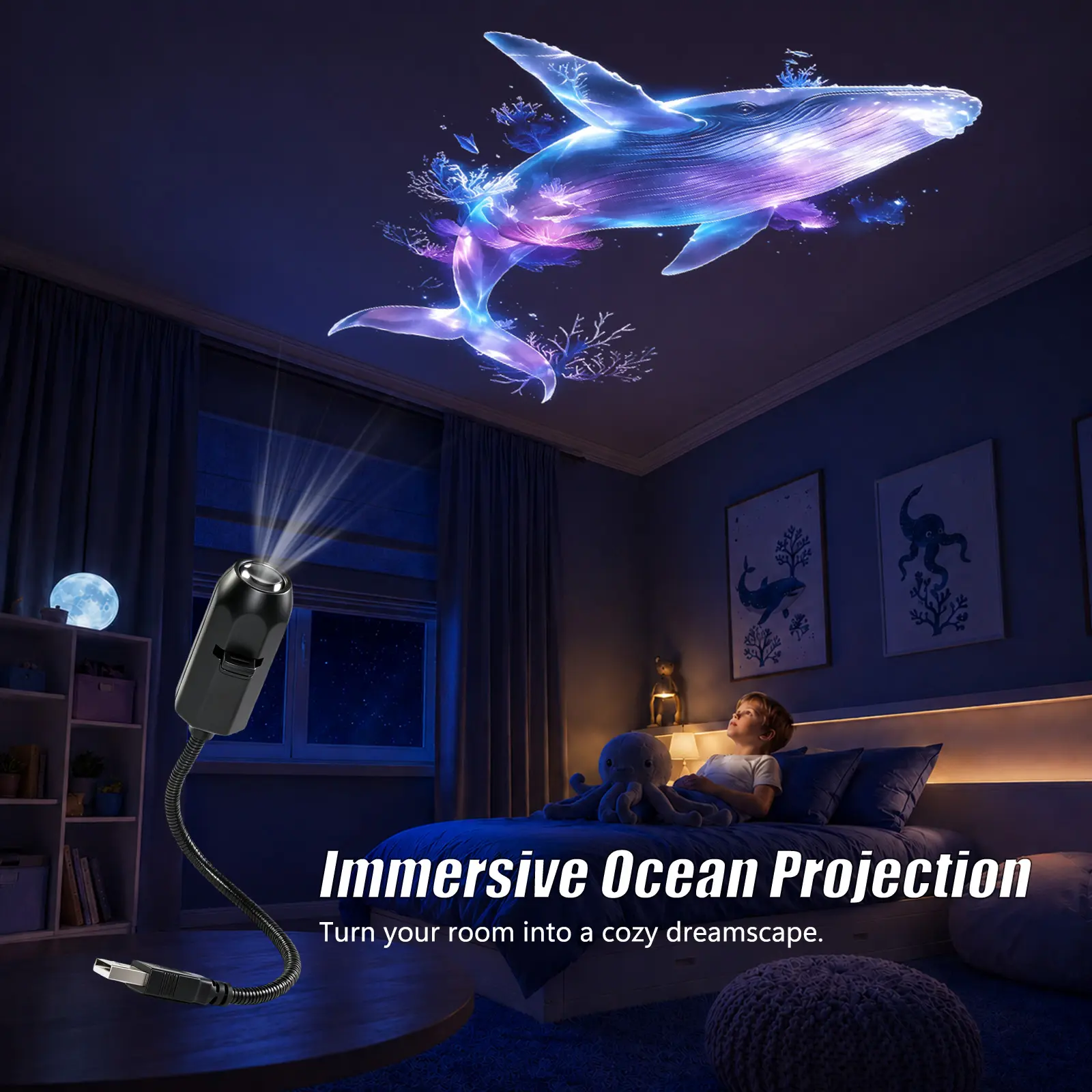 Ocean Theme LED Art Projection Lamp, USB Powered Decorative Light with 6 Interchangeable Discs, Whale, Butterfly, Jellyfish and Starfish Modern Atmosphere Lighting for Bedroom and Party