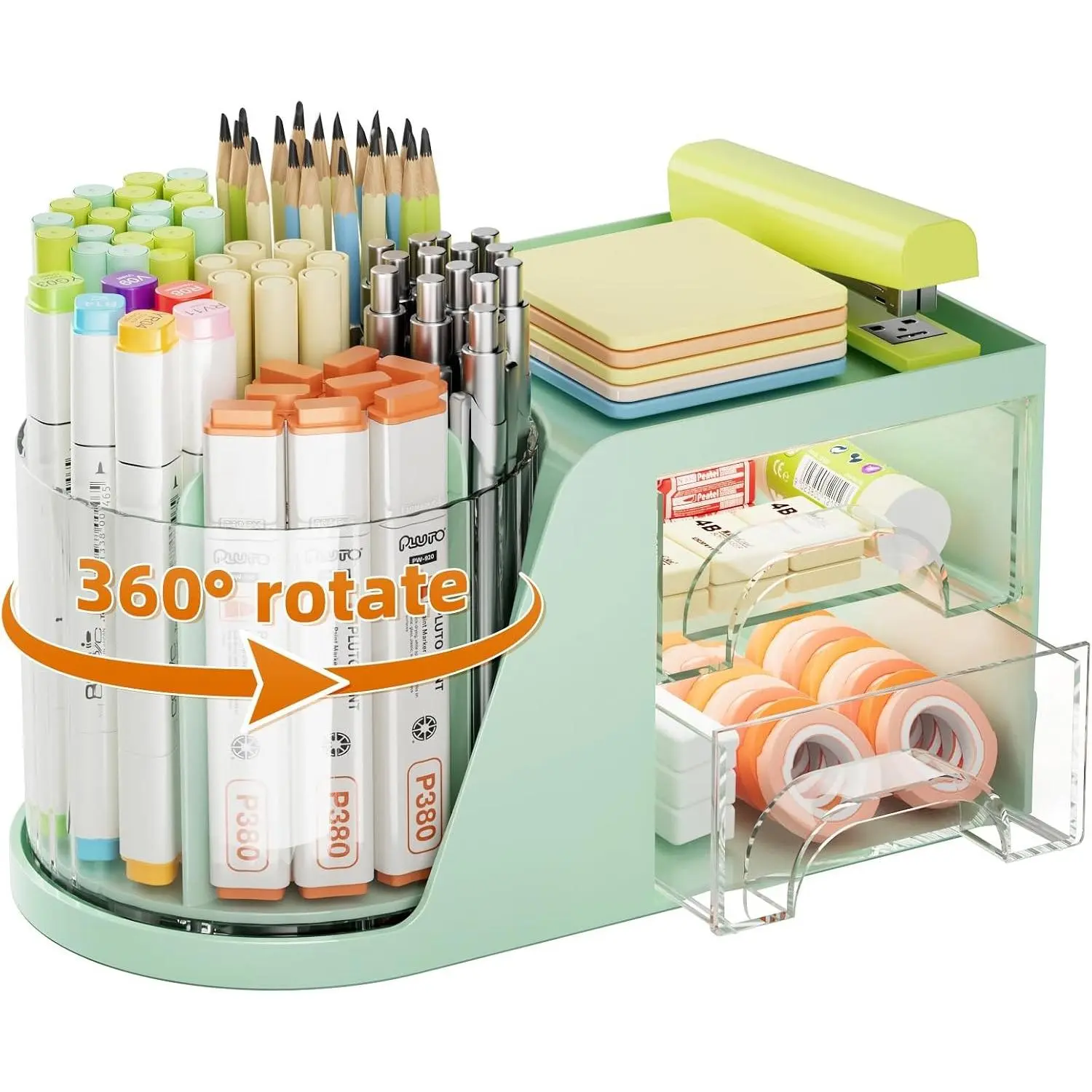 360° Rotating Desk Organizer with 2 Drawers and 6-Slot Pencil Holder, Art Supply Storage Caddy for Office, Green