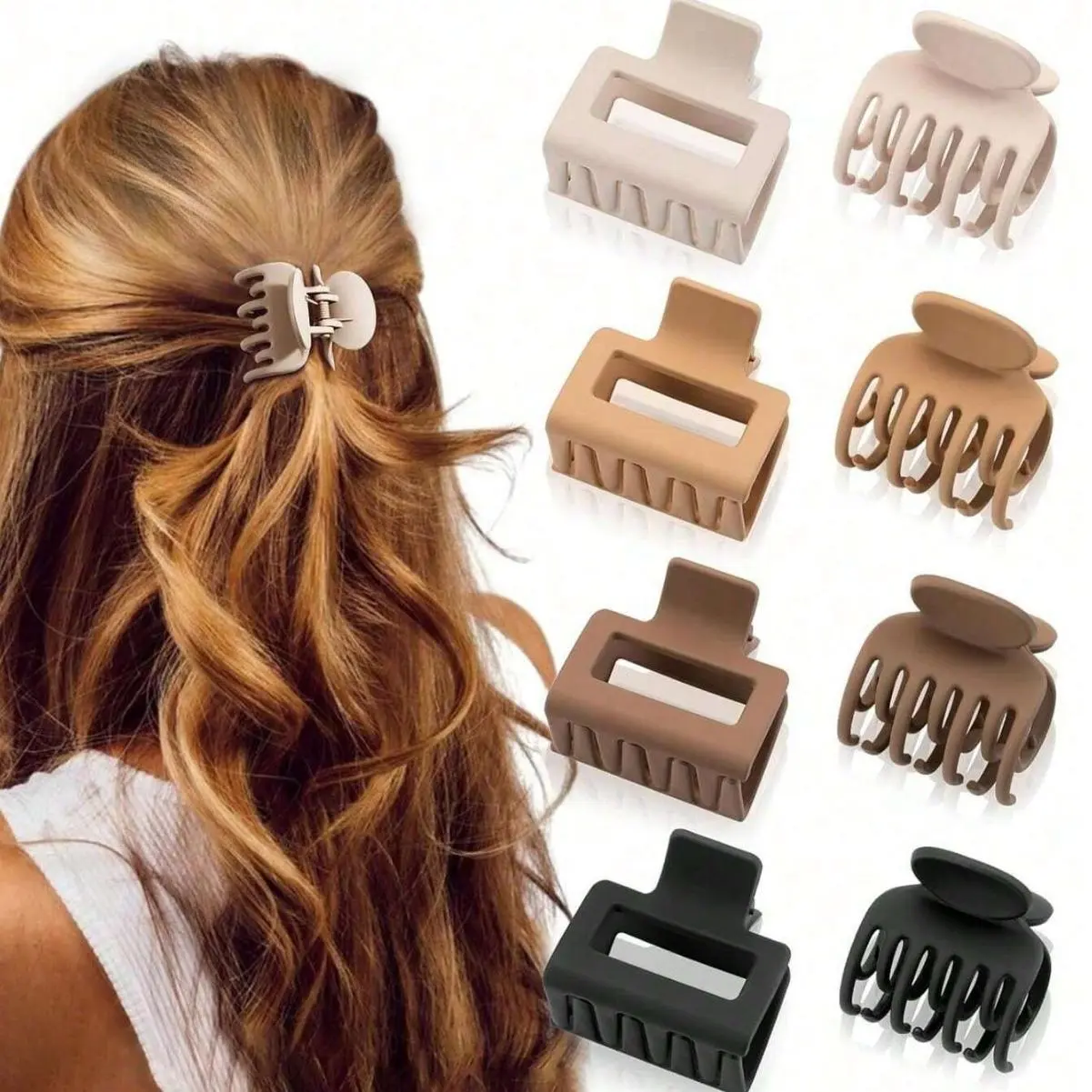8 Pack Matte Hair Claw Clips, Square & Octopus Shaped Double Row Teeth Jaw Clamps, Neutral Aesthetic Non Slip Strong Hold Hair Barrettes for Women Daily Hair Accessories