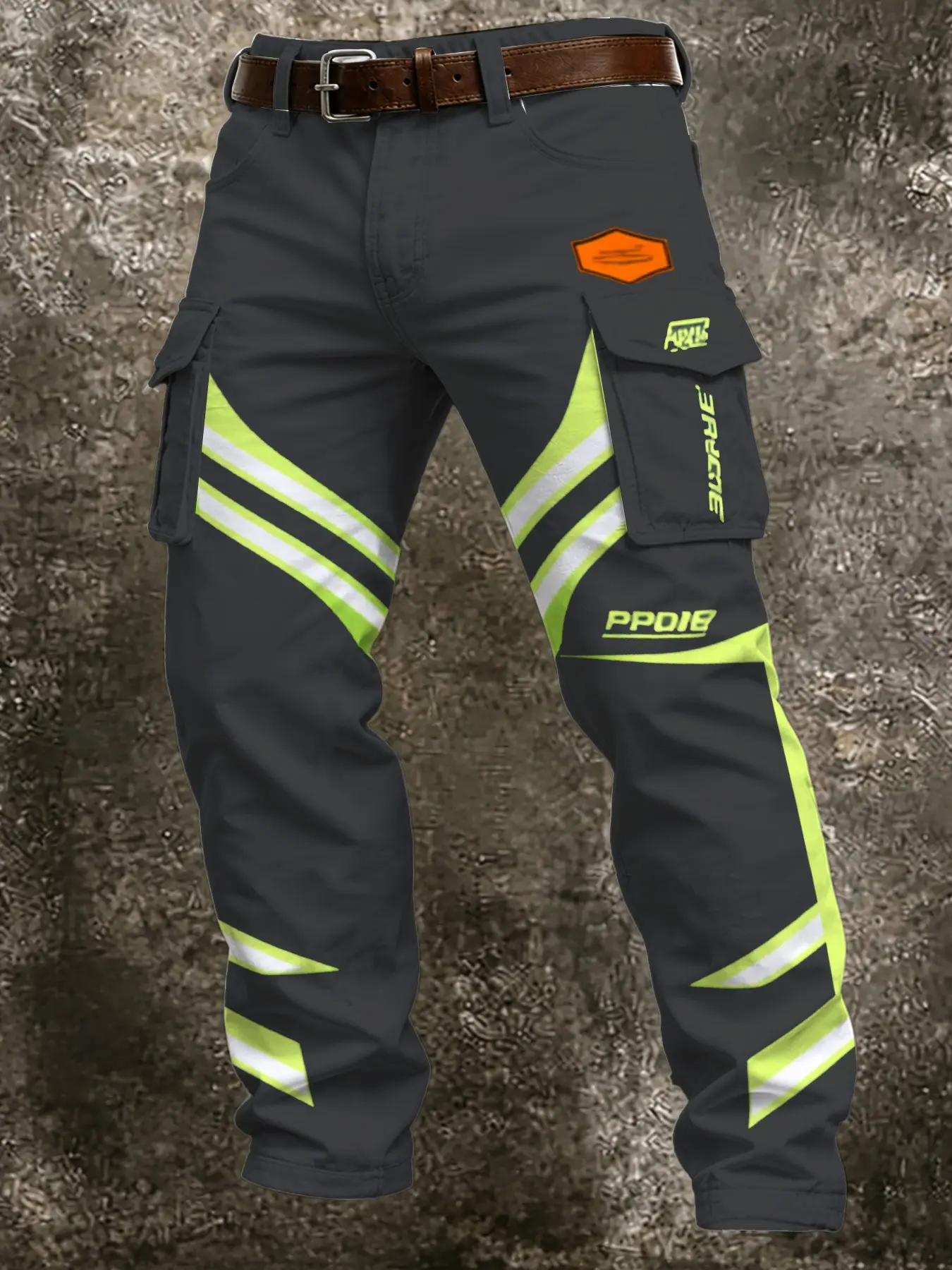 Men's Base Print Work Pants, Dual Side Pockets, Letter Badge Decor, Outdoor Functional Multi-Pocket Trousers