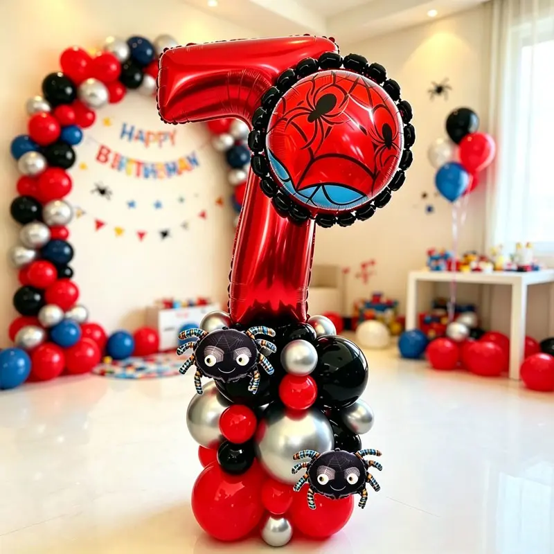 30-piece Red Number Spider Stand Balloon Set,Includes mini colorful spider balloons in red, black, silver latex，Suitable for birthday party，parent-child activity backdrops，Gender Reveal,Baby shower,Children's Playground Event Decoration